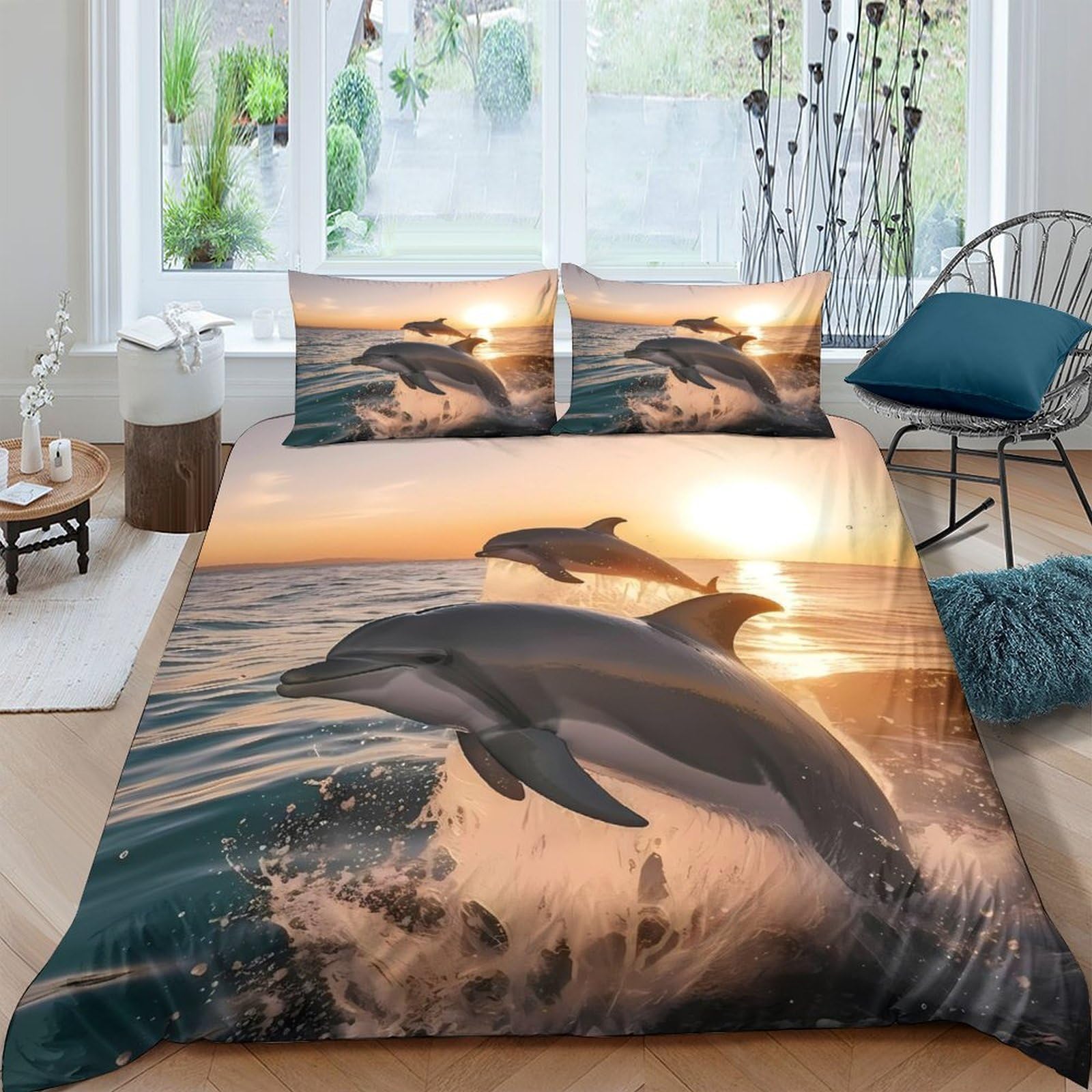 Ctjqhvkz Style-1 3D Printed Sunset Dolphin Fitted Sheet Microfiber Soft Ocean Wave Mattress Cover For Bedroom Guest Room Decor Single（135X200cm）