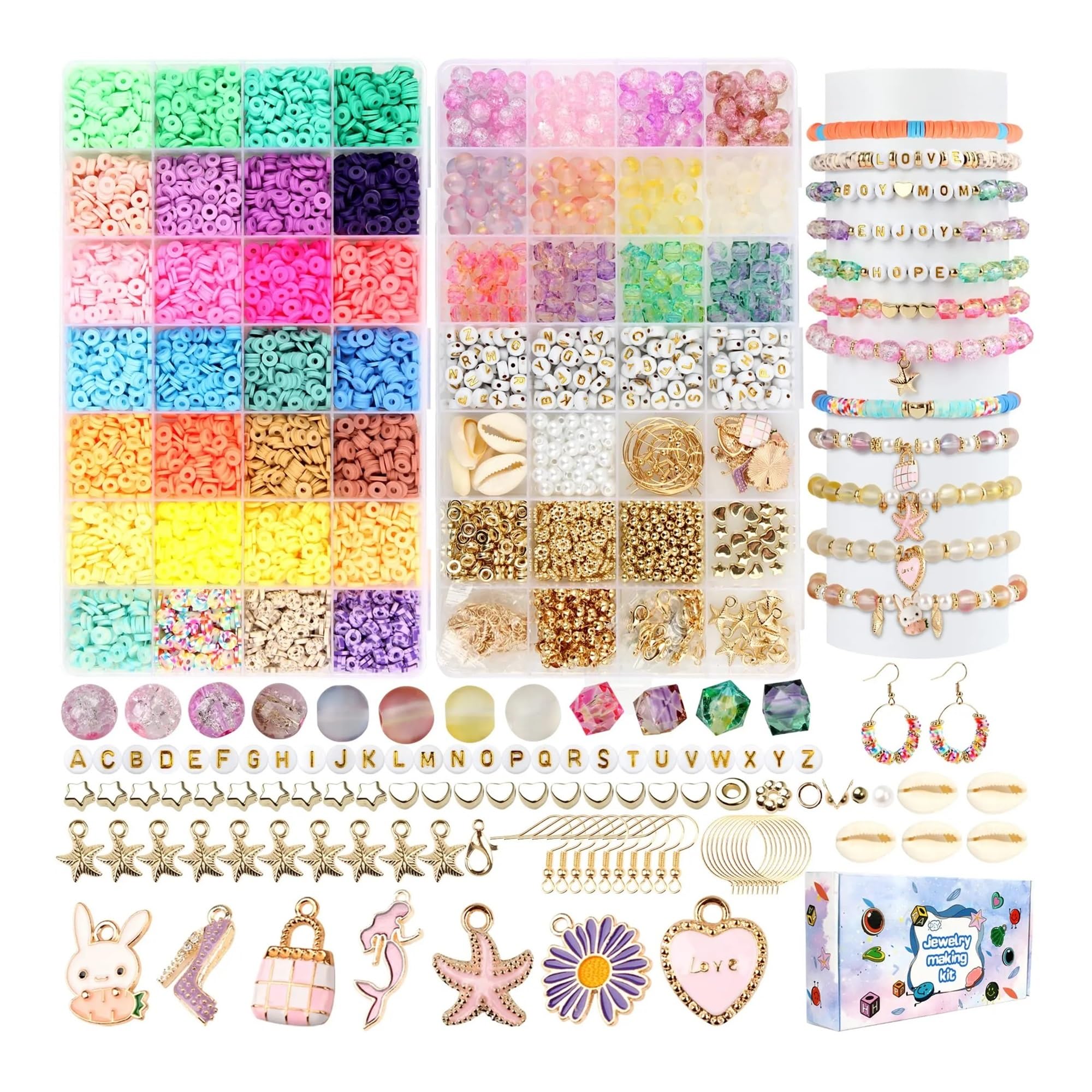 Schmuck Selber Machen Set 6075-teiliges Schmuckherstellungsset: 4800 Tonperlen, 200 goldene Buchstabenperlen, 100 Perlen, 80 Glas-Crackle-Perlen for selbstgemachten Schmuck