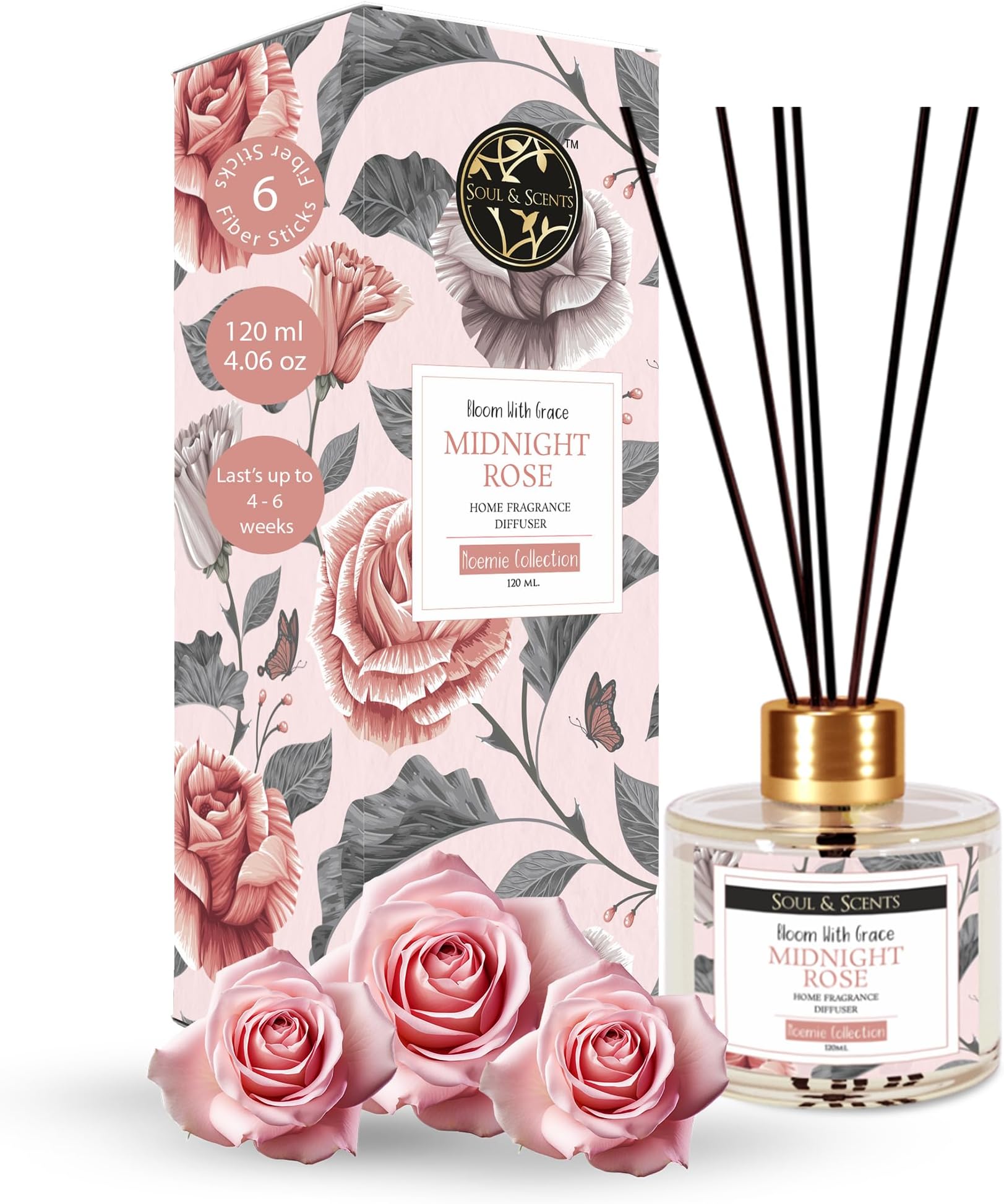 Soul & Scents Midnight Rose Flower Scented 4.06 oz (120ml) Reed Diffuser Set with 6 Fiber Sticks for Room Decor | Home Fragrance Reed Diffuser | Air Freshners for Home