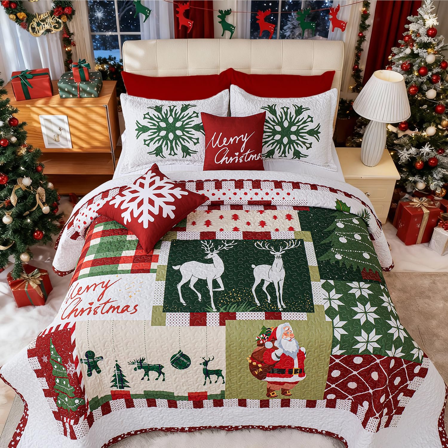 Set Copripiumino Natalizio Cmfshape 5 Pezzi King Size – Motivo Babbo Natale, Albero E Alce, Reversibile Bianco, Con Federe E Cuscino