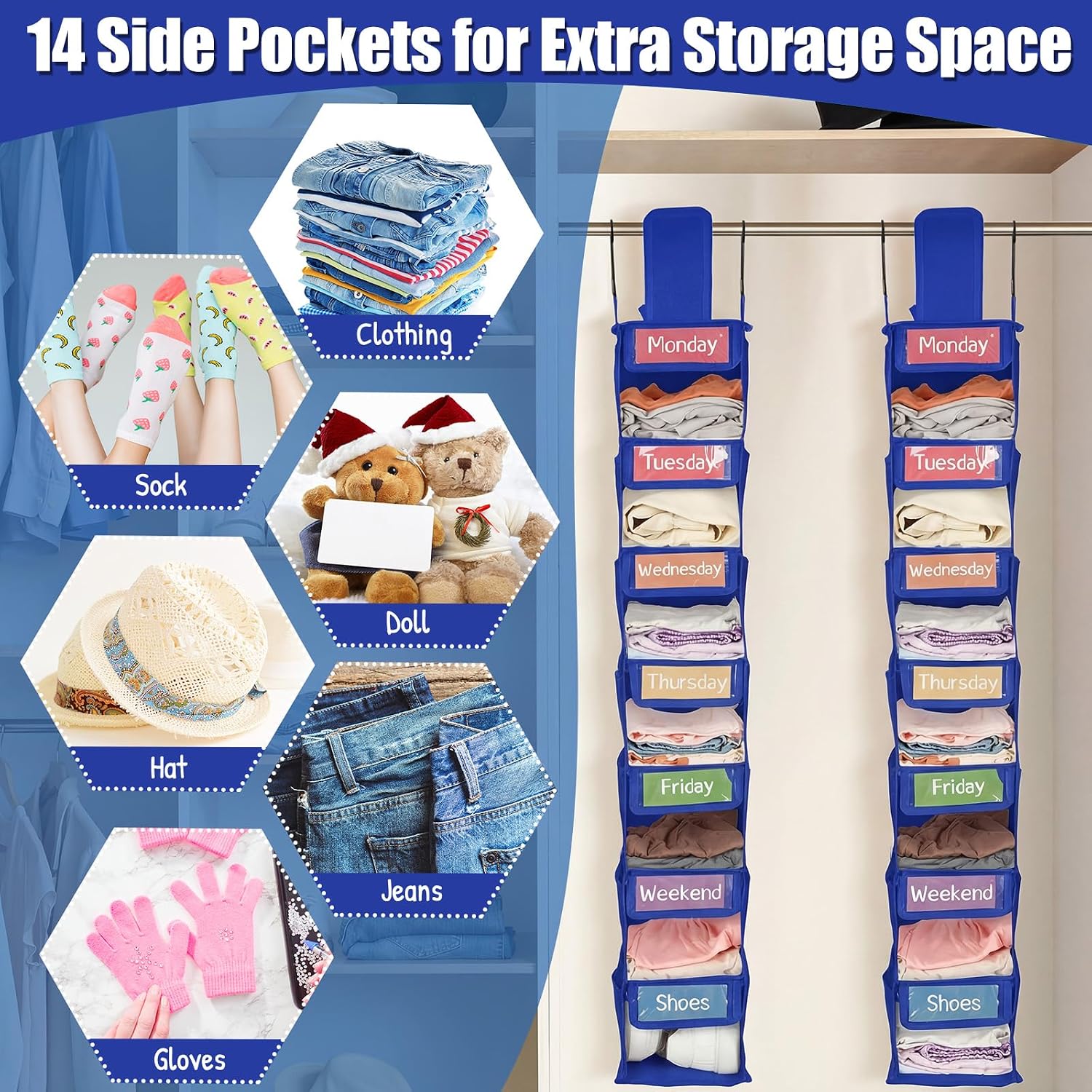 2Pcs Weekly Clothes Organizer 7shelf Hanging Kid Closet, Dark Blue image 5