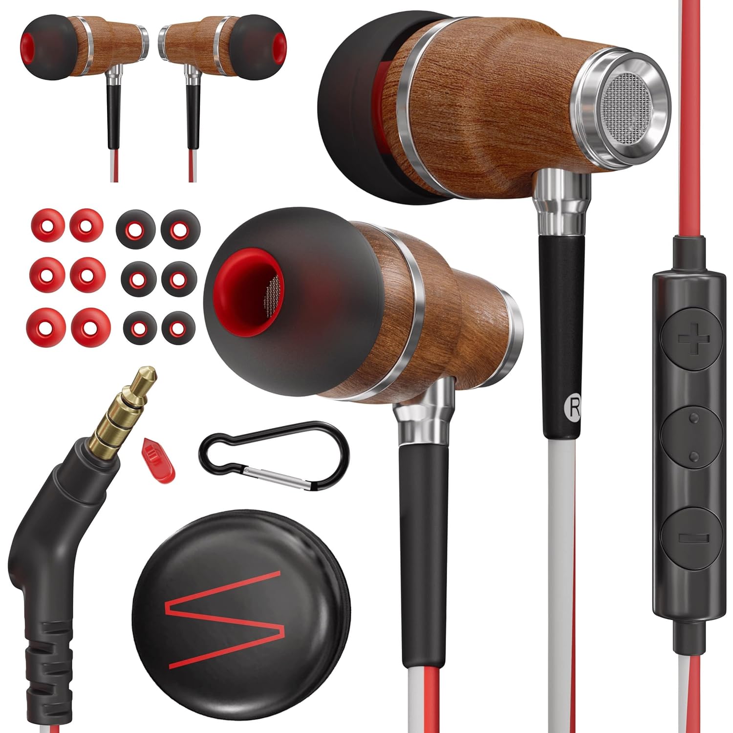 Symphonized NRG 3.0 Premium Wood In-ear Noise-isolating Headphones, showing the earbuds, in-line remote, 3.5mm jack, and various ear tips.