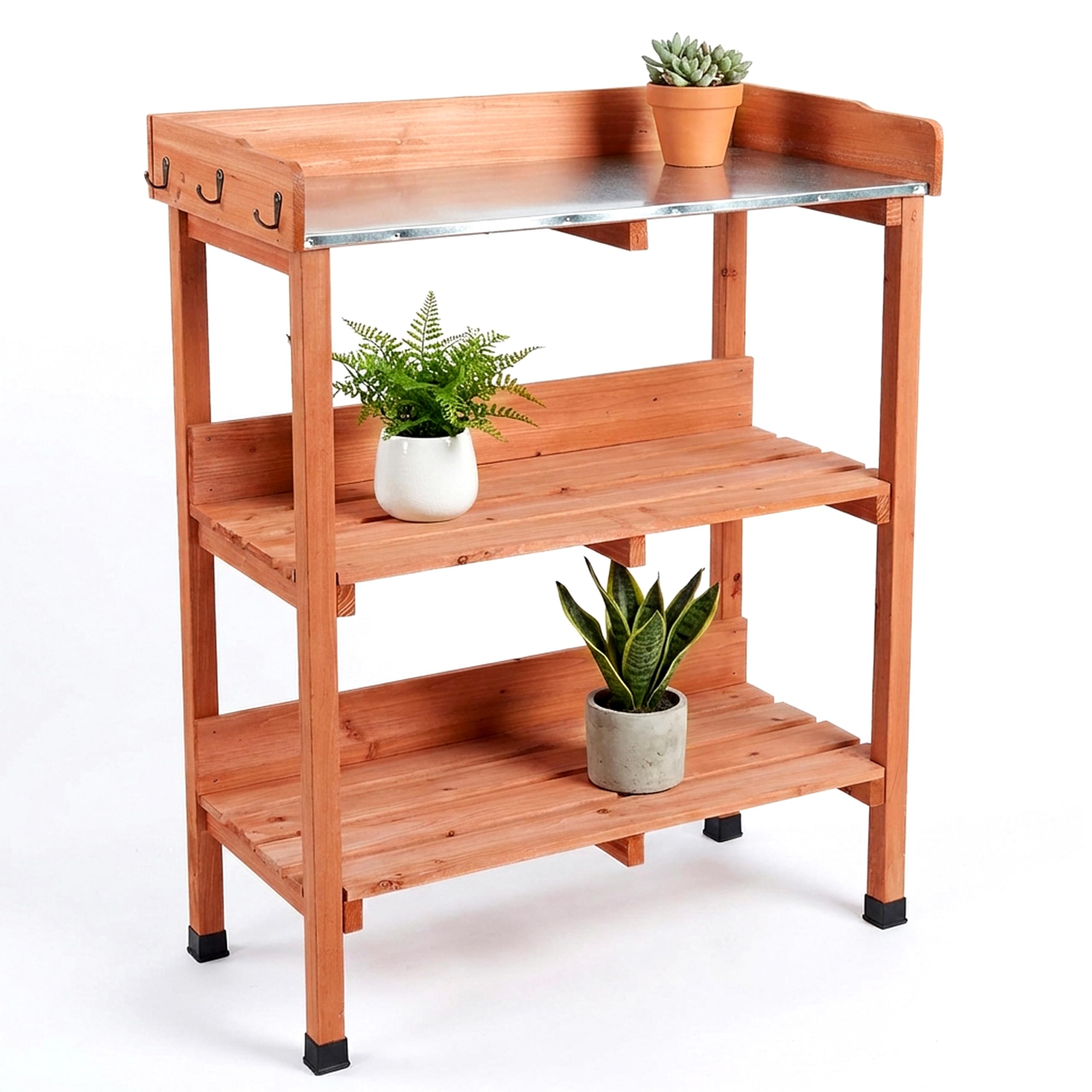 GEEZY 3 Tier Wooden Potting Bench with Metal Worktop - Germination Table & Greenhouse Garden Station with Shelves & Hooks - Timber Flower Plant Table for Outdoor Potting Shed Accessories