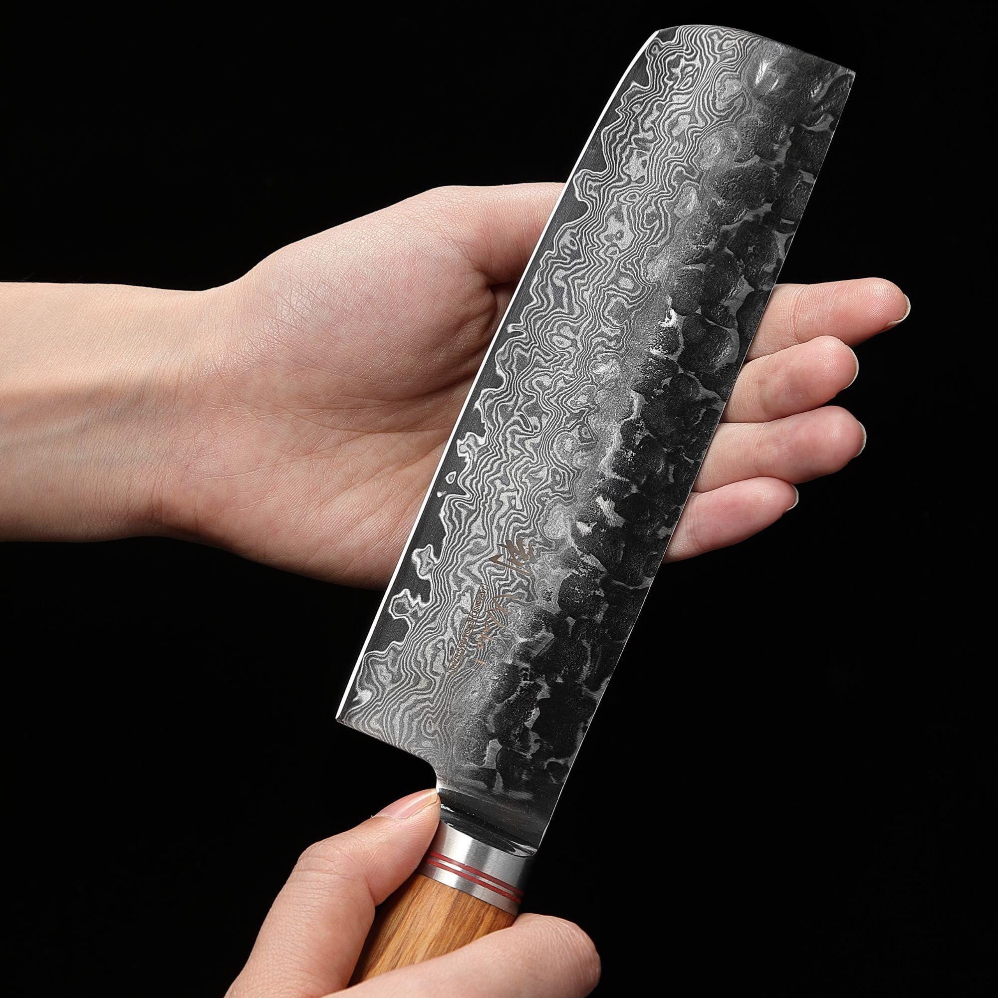 WAKOLI Couteau Nakiri de Cuisine en Damas, 17,5 cm, Manche en Olivier