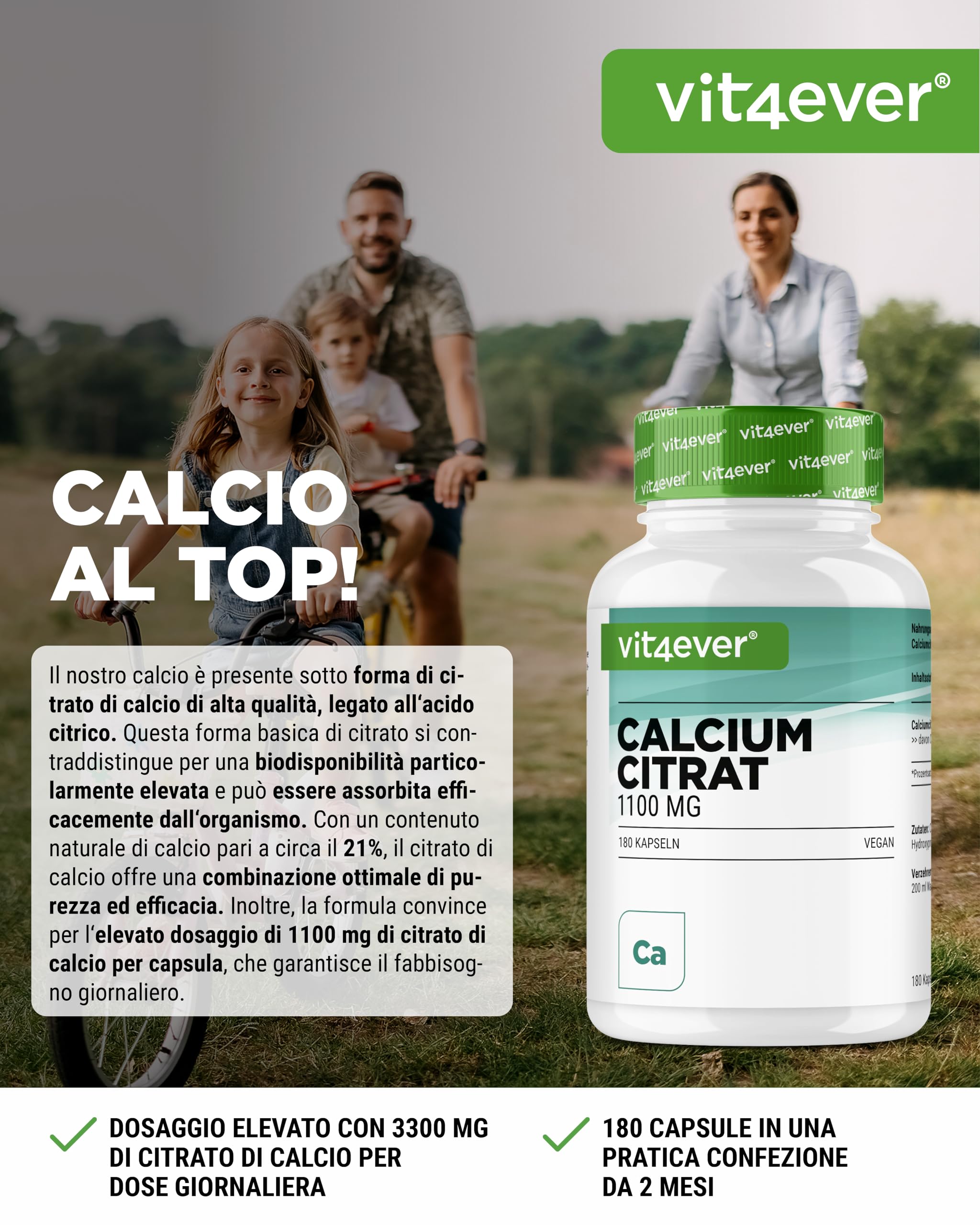 vit4ever Calcio Citrato - 180 Capsule - Alto Dosaggio con 1100 mg per Capsula - scorta per 2 mesi - Elevata Biodisponibilità - Calcio per Ossa, Denti e Metabolismo Energetico - Vegano