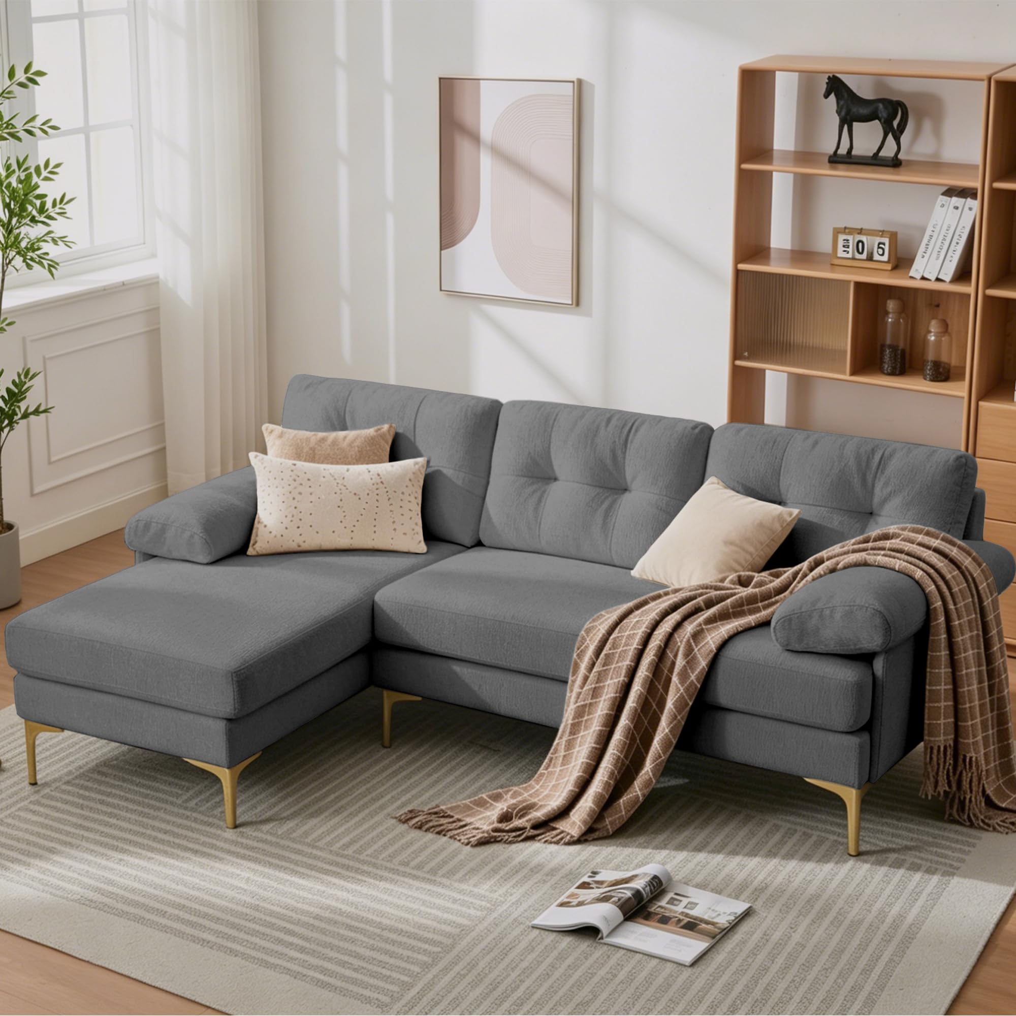 Generisch Szenilowa sofa 3-osobowa, w kształcie litery L, szara, wymienna strona do leżenia