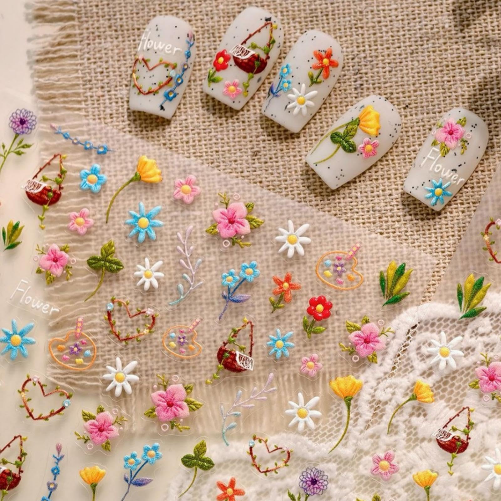 Flower Nail Art Stickers Colorful Floral Nail Stickers Leaf Plant with Design 5D Embossed Self Adhesive Nails Decals Charms for Women Manicure Decoration Accessories 1 Sheets