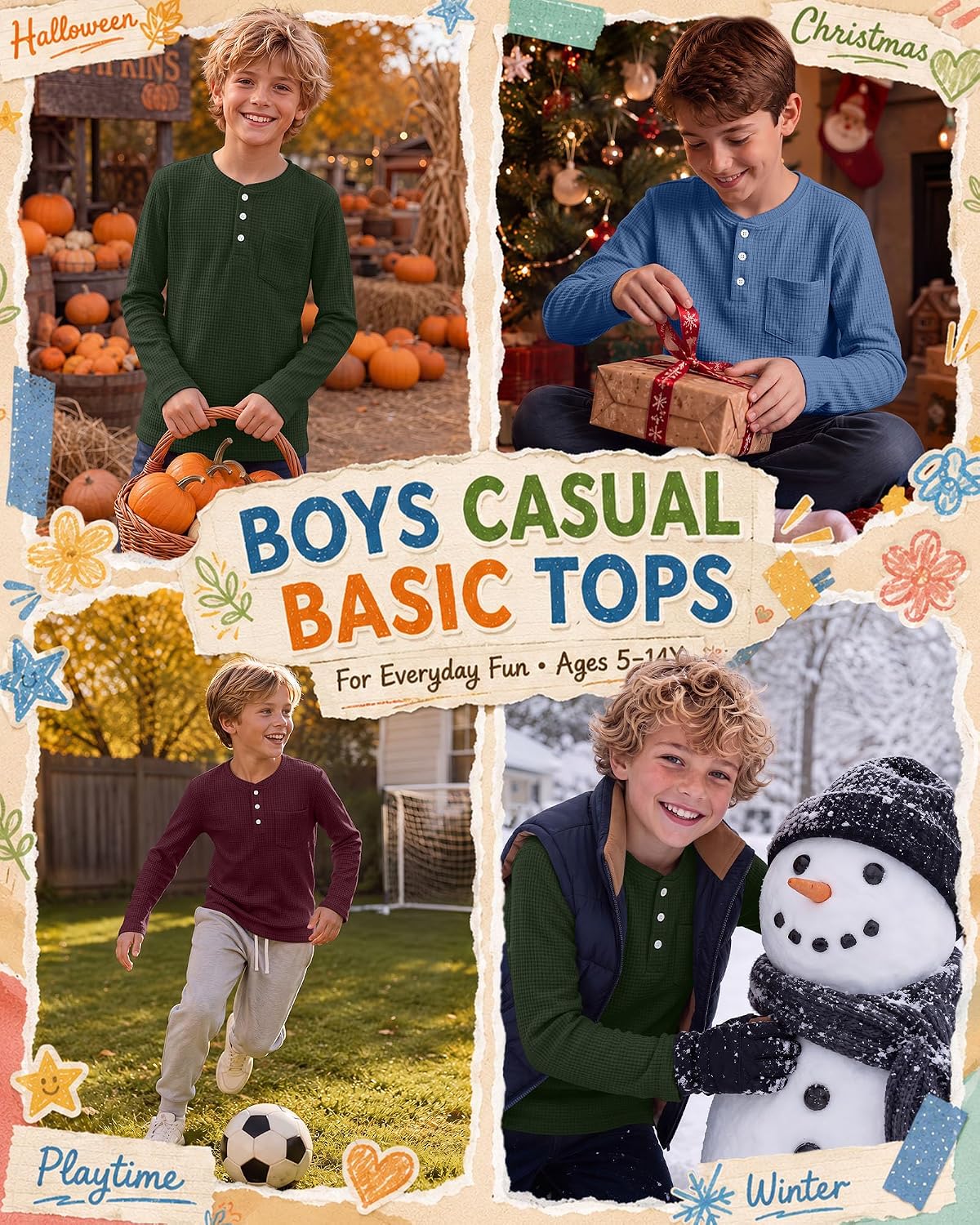 3 Pack Boys' Waffle Henley Long Sleeve Basic Tops