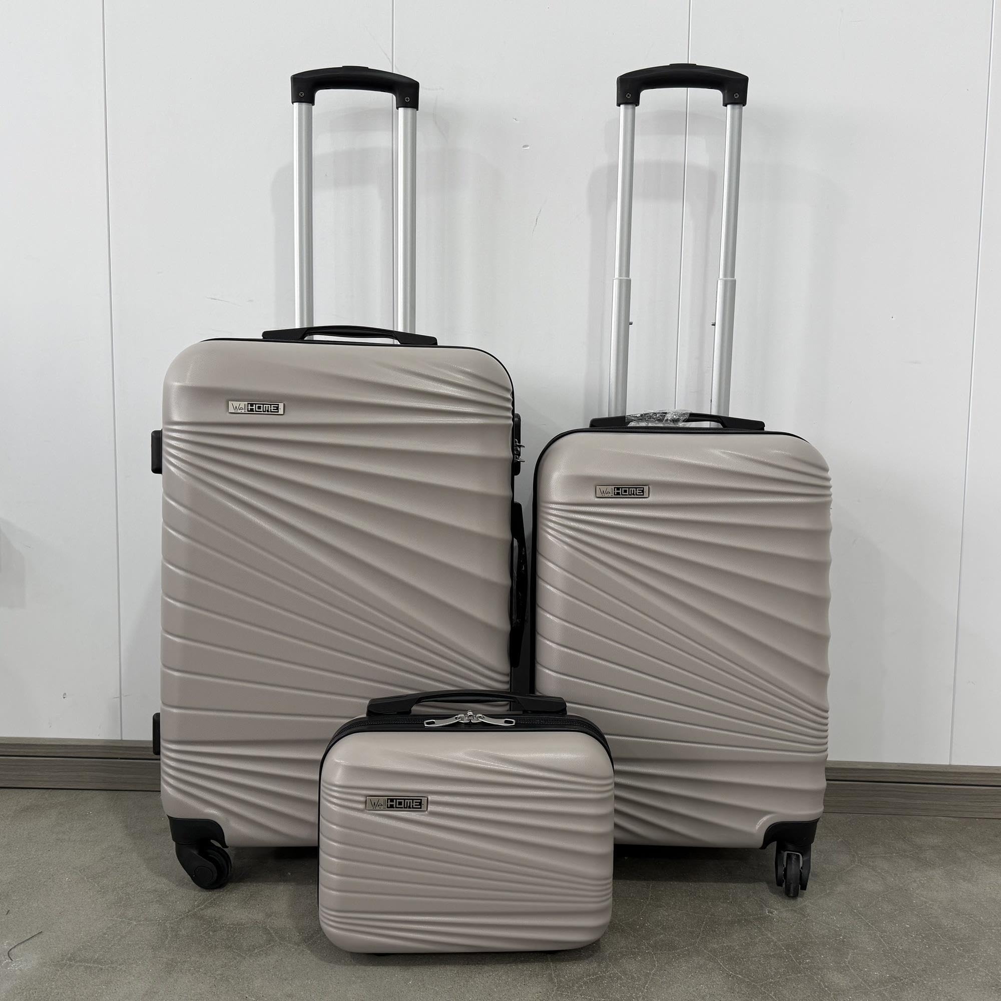 WELL HOME MOBILIARIO & DECORACIÓN Set di 3 valigie ABS rigide in argento nudo metallizzato, Argento Nudo, Set di valigie rigide