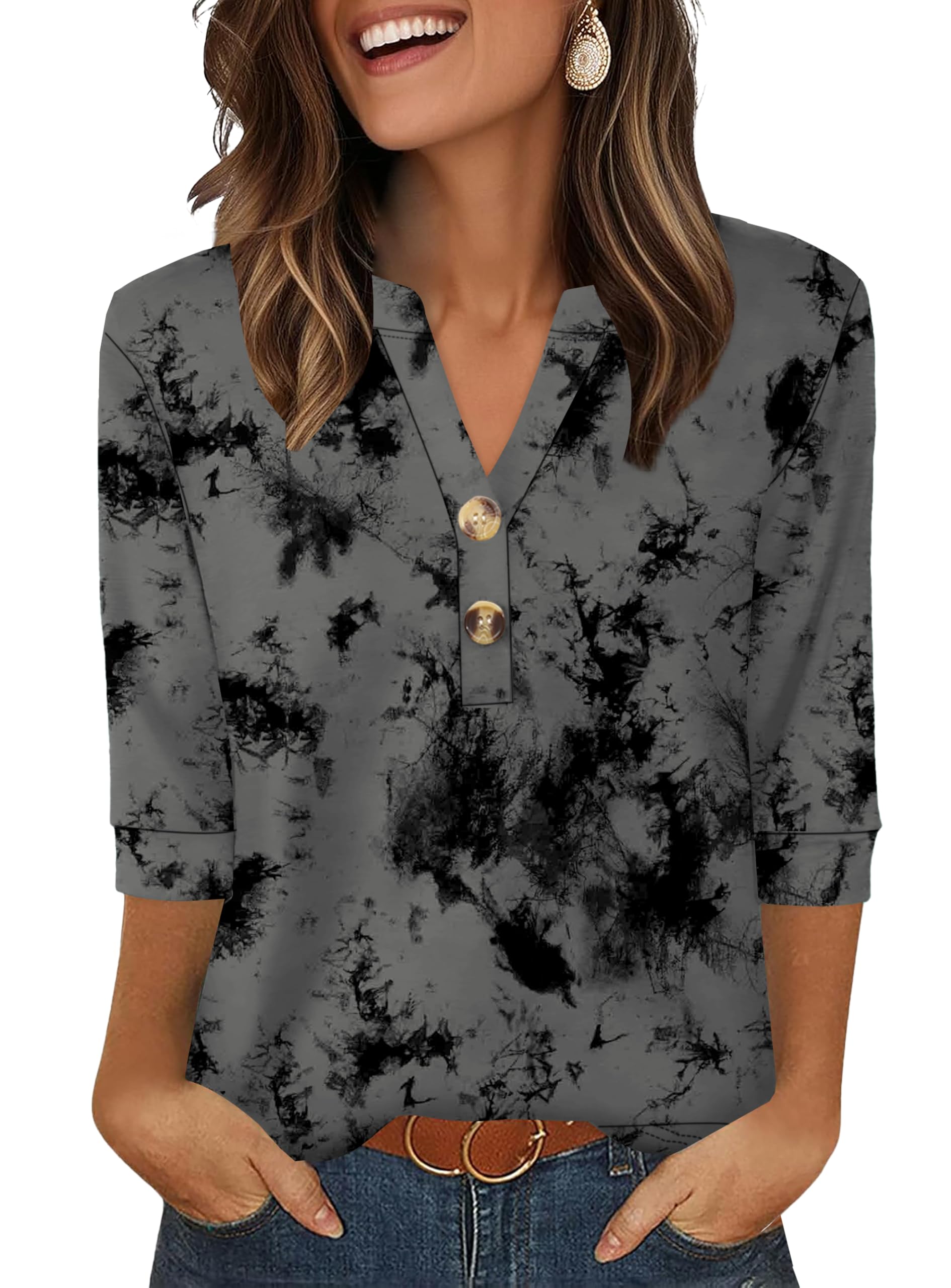 Aokosor Womens 3/4 Sleeve Tops Ladies Blouse V Neck Tunic Long Sleeve T Shirts Curved Hem Office Wear