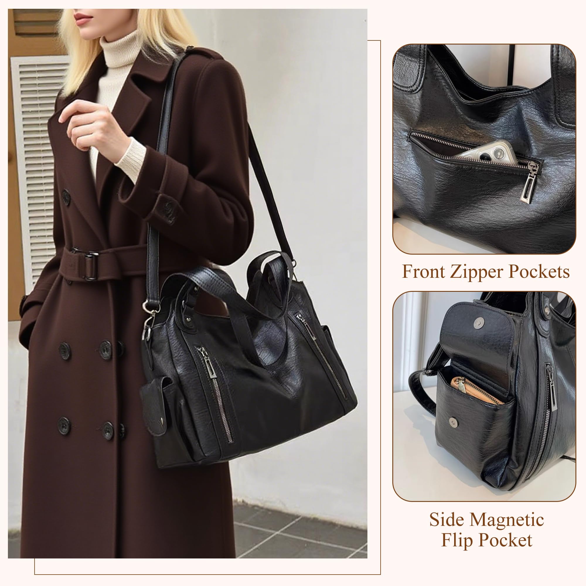 Mabecol Borsa Shopper Donna PU Grande Capacità Elegante Vintage Tote Rigida a Mano e a Spalla con Tracolla Regolabile per Lavoro Ufficio Università Quotidiana