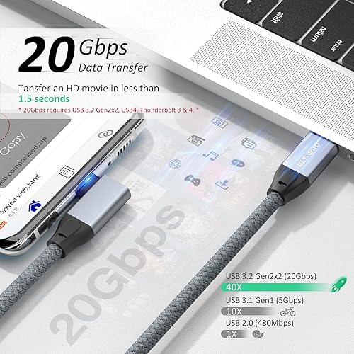 Miniatura 3 de Cable USB C 3.2 Gen2x2 de 100 W, 20 Gbps actualizado en ángulo recto de 90 grados, cable USB C a C 3.2, cable de video 4K 60Hz con marcador