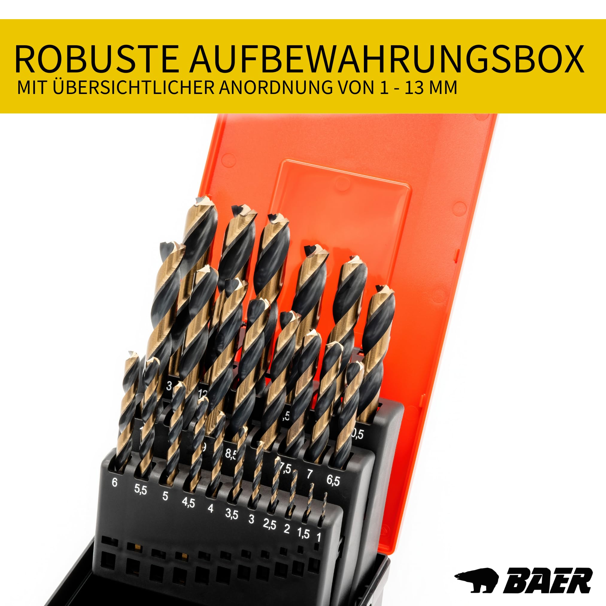 BAER HSSE Spiralbohrer Set 1-13mm (25-tlg, 0,5mm Abstufung) Kobalt Metallbohrer für Edelstahl, INOX, Stahl, Blech, rostfrei | HSS-E Bohrerset DIN 338, Dreikantschaft ab 4mm | Bohrmaschine Akkubohrer