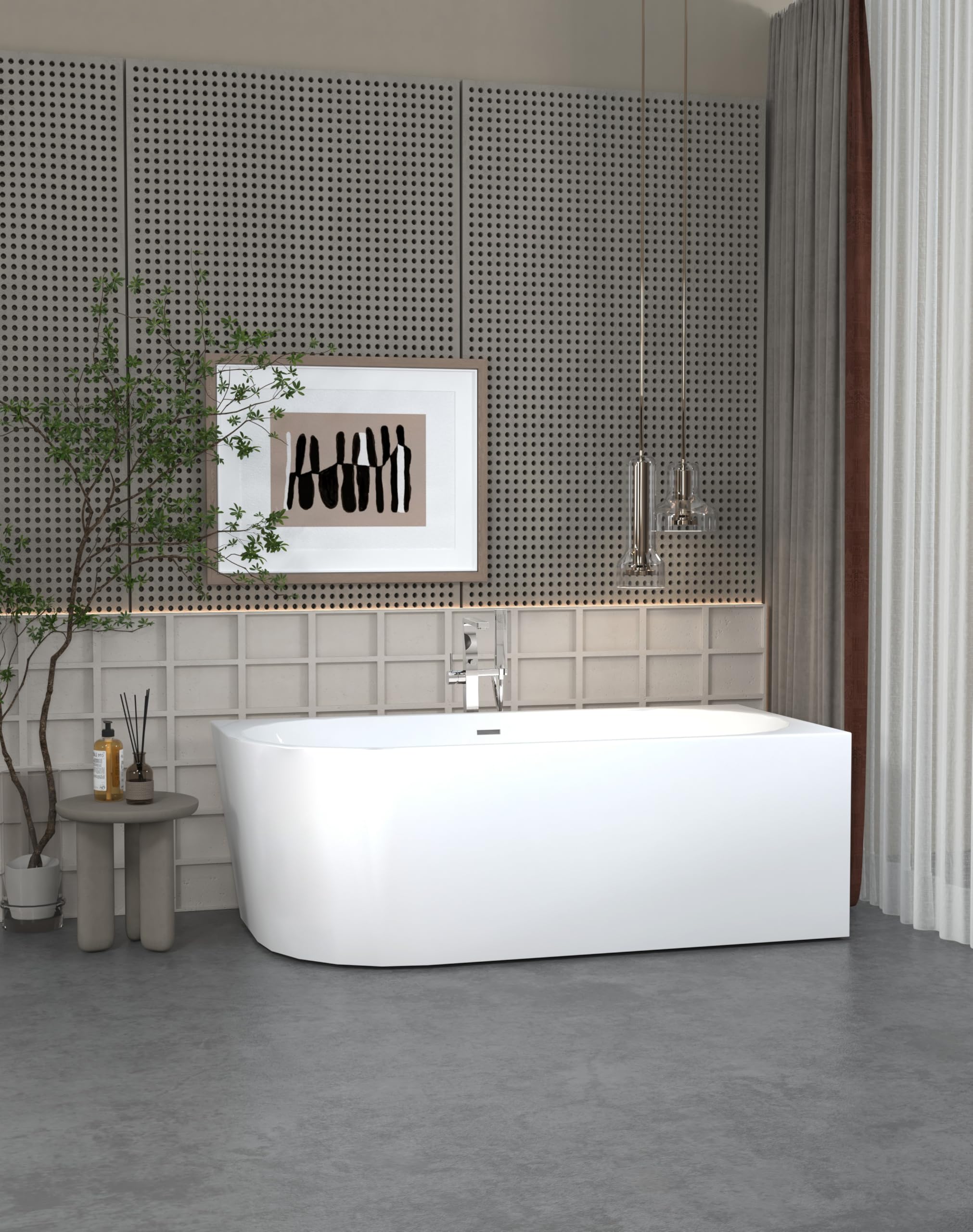 Aquauno, vasca angolare indipendente a destra, 170 x 80 cm, ovale in acrilico sanitario di alta qualità, design acrilico con scarico a clic, troppopieno, telaio in acciaio, copertura e scarico cromato