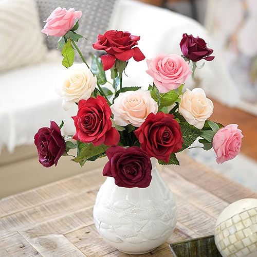 Miniatura 52 de FiveSeasonStuff 12 tallos de flores artificiales, rosas de seda de tacto real para decoración de bodas, ramos de novia, centros de mesa, fiestas y 9