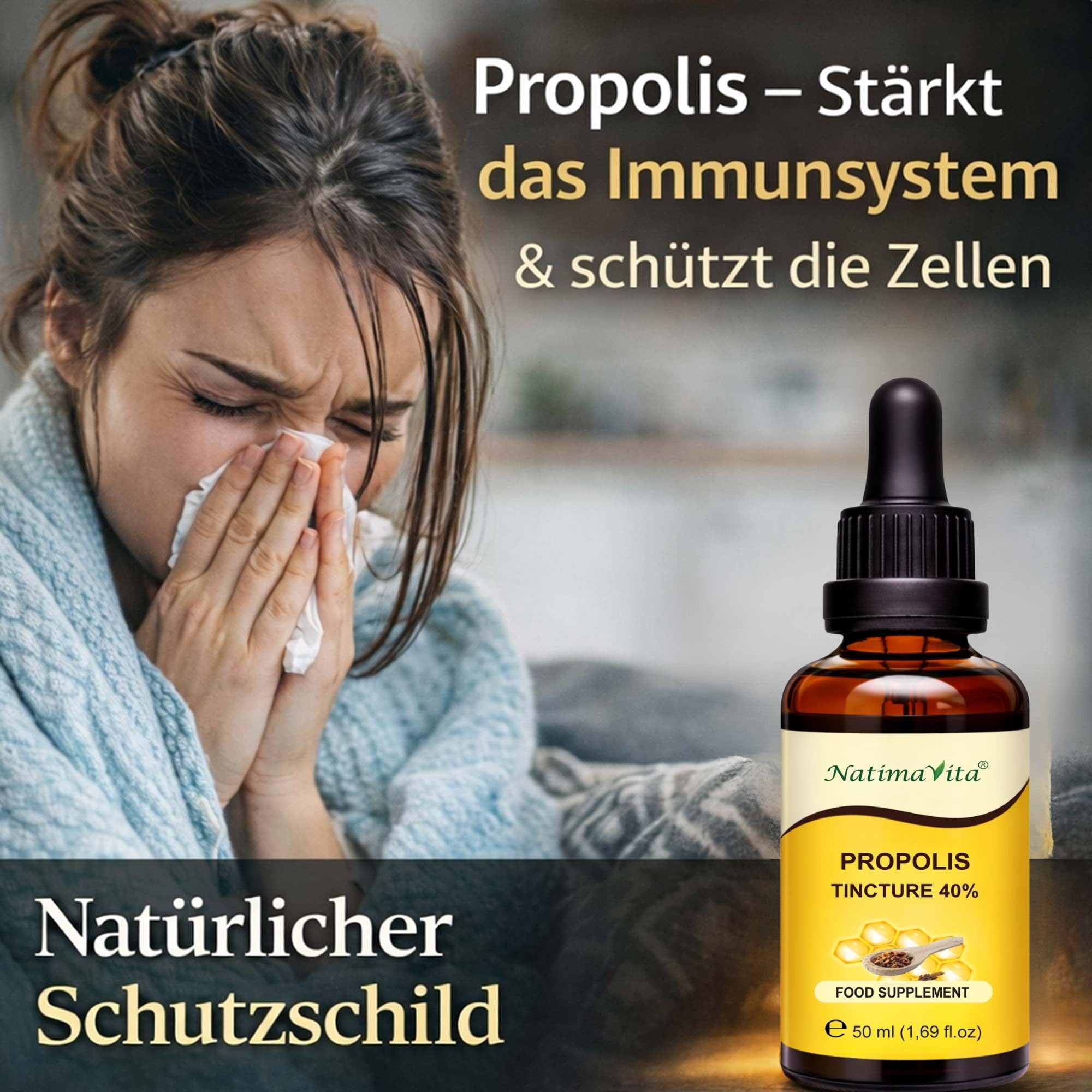 Propolis Tropfen 40% - 50 ml - Pure Hochdosierte Propolis Tinktur - 100% natürliches Extrakt - Immunsystem Unterstützung -Praktische Pipette - NatimaVita