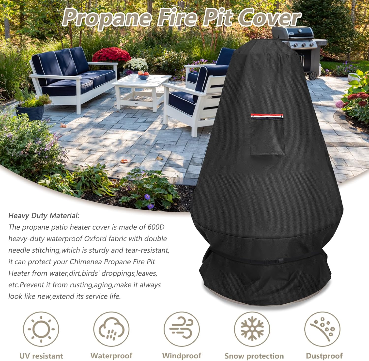 CHC-601 Chimenea Propane Fire Pit Heater Cover,Heavy Duty 600D Waterproof Cover Compatible with COH-600 Chimenea Propane Fire Pit,31"D x 31"W x 48"H,Black