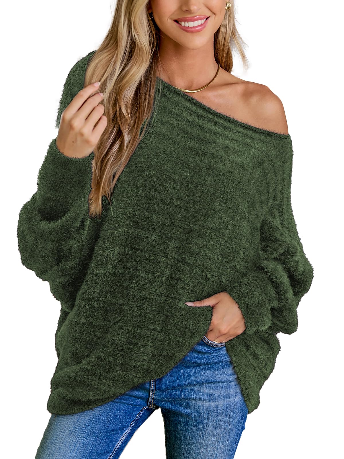 CUPSHE Womens One Shoulder Sweaters Puff Long Sleeve Soft Fuzzy Lightweight Pullover Sweater Tops