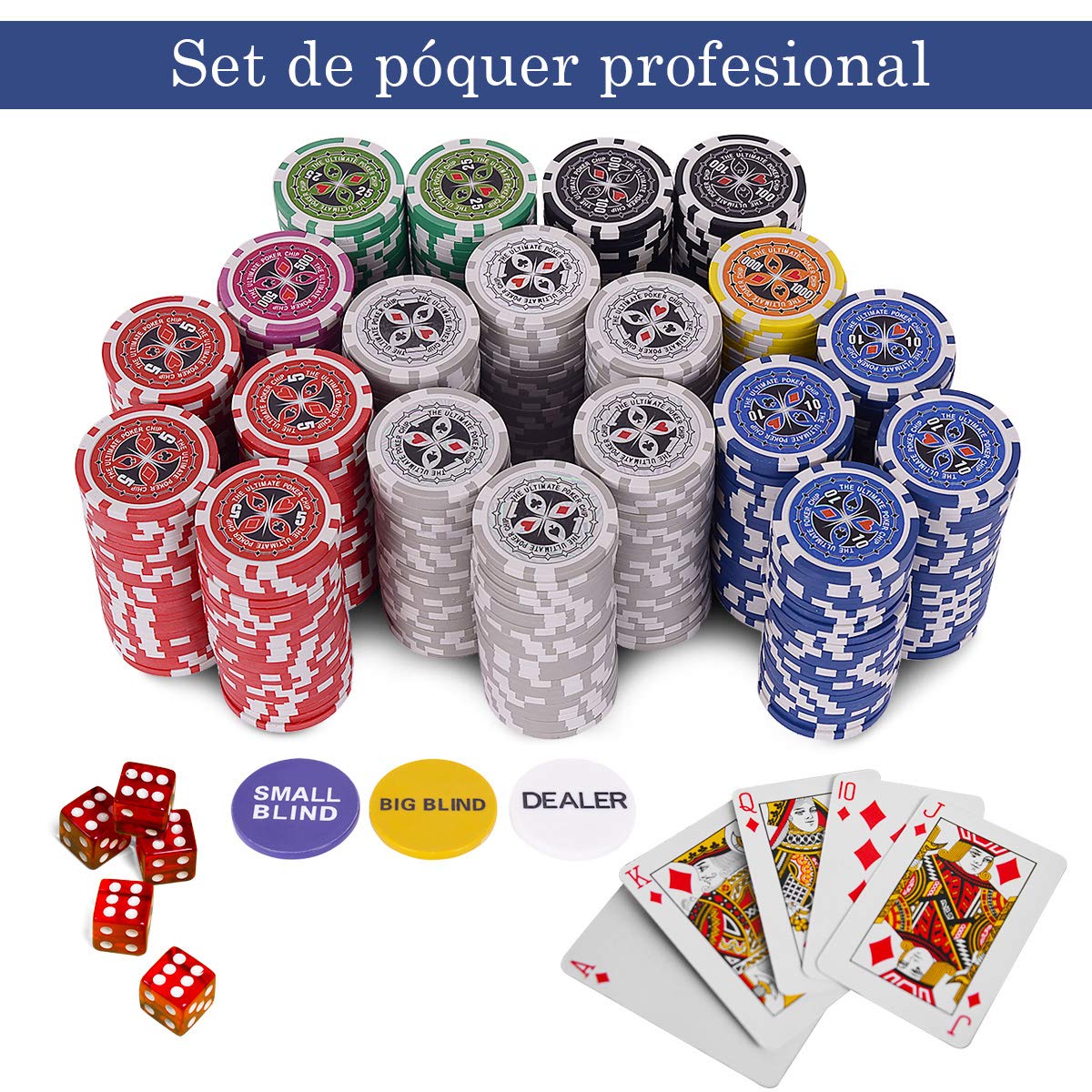 COSTWAY Set de Póker con 500 Fichas con 2 Naipes,5 Dados, 3 Fichas de Crupier y Mantel Juego Completo de Póquer con Estuche (Negro)