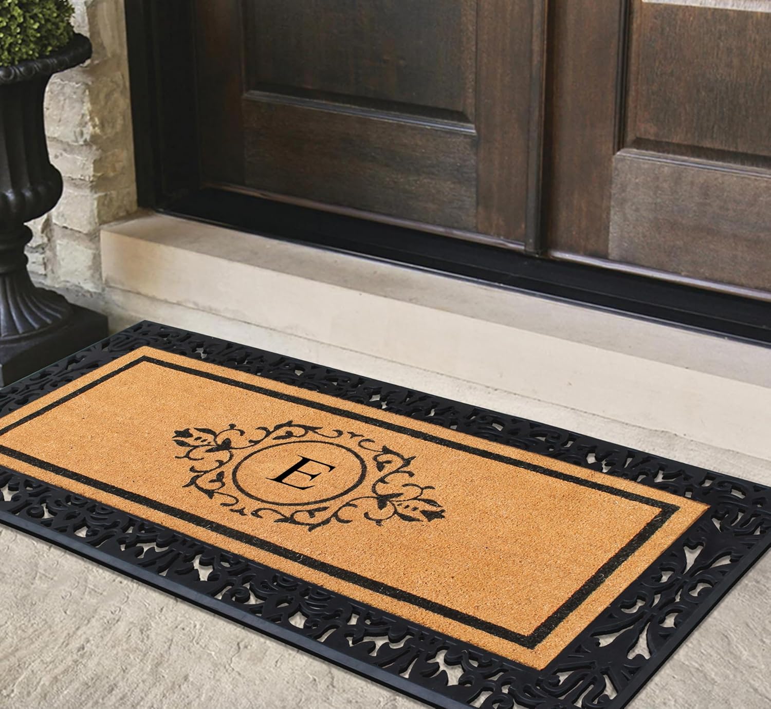 A1HC Natural Coir Doormat for Outside Entrance, Anti-Shed Treated Front Door Mat 30" x 60", Long Lasting Front Porch Entry Matt Monogrammed - E (Floral Black)