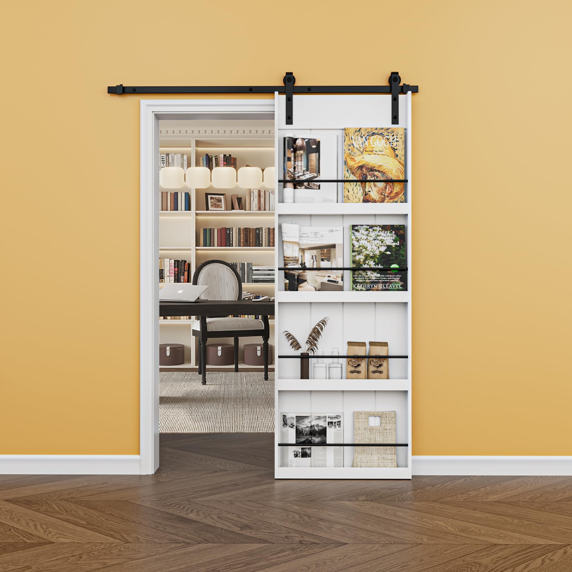 30in x 84in Rustic 4-Shelf Storage Barn Door Room Divider and 6FT Hardware Kit, Paintable White MDF Wood Sliding Barn Door with Soft Close, Smooth Operation and Silent Sliding, Easy to Install