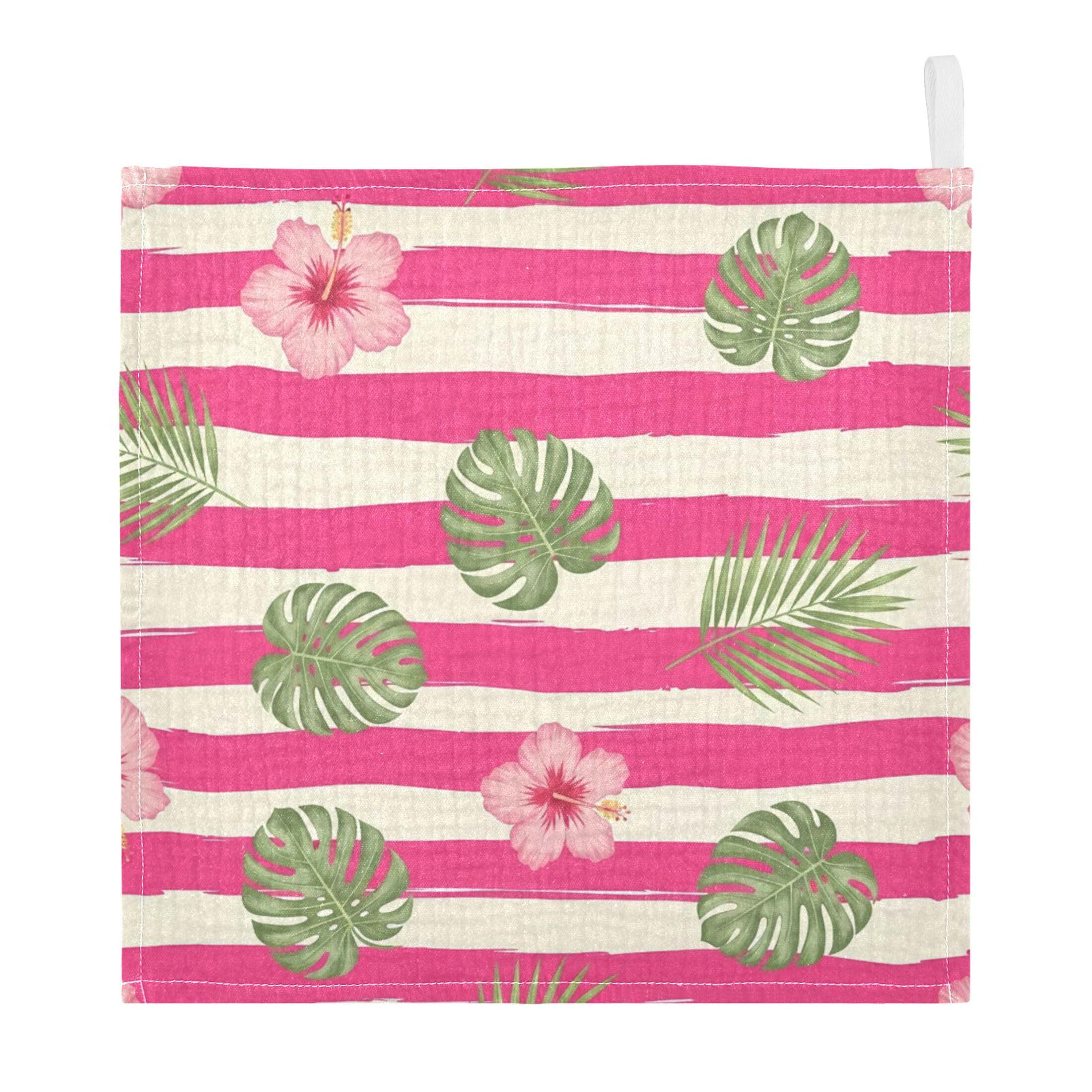 Fuauuyl Hibiscus Monstera Leaves Baby Muslin Washcloths Cotton Absorbent Soft Burp Cloths for Newborns Infants Toddlers, Reusable Face Towels for Sensitive Skin, 5 Pack, 12x12 in