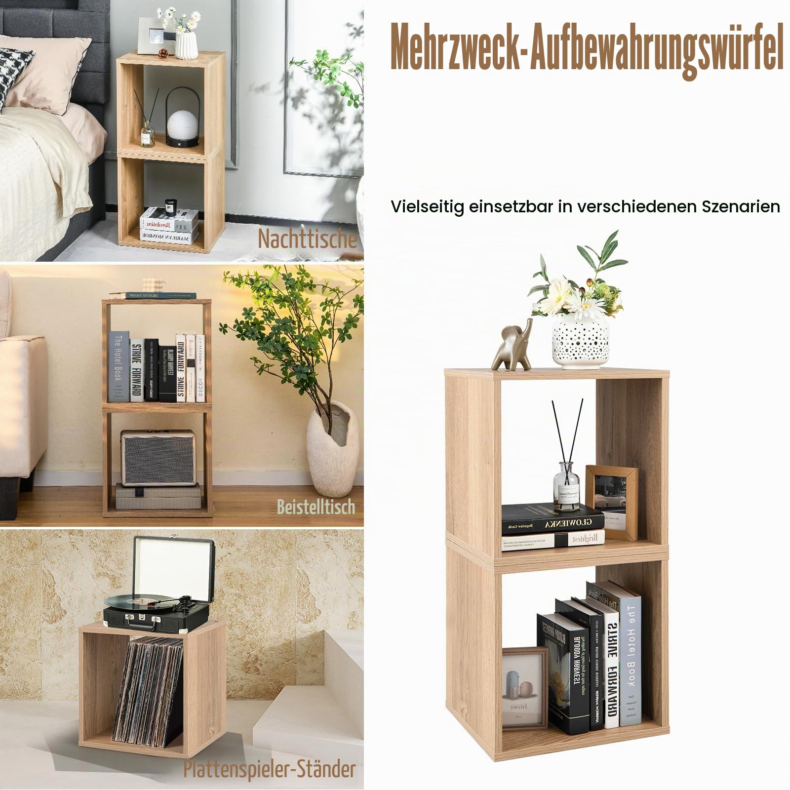 KOMFOTTEU 2er Regalwürfel, Stapelbare Aufbewahrungswürfeln Holz, Bücherregal Cuberegal mit Kippschutz, Würfelregal 38x33cm freie Kombination, Quadratisches Regal für Wohnzimmer Schlafzimmer Büro