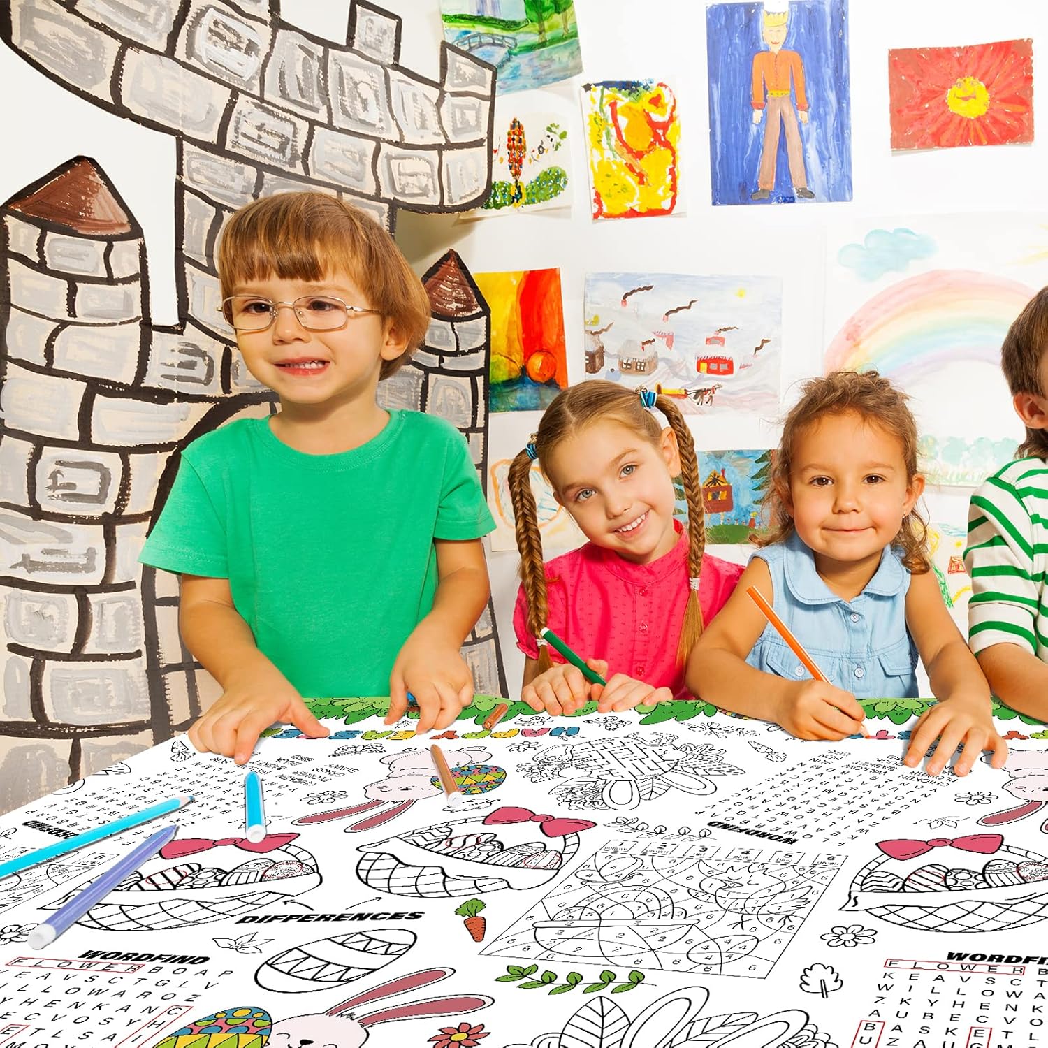 Gatherfun Disposable Easter Color-in Paper Tablecloth Decoration，Happy Easter Paper Table Cover for Children School Party Decor-54 x 88 in，1 pcs