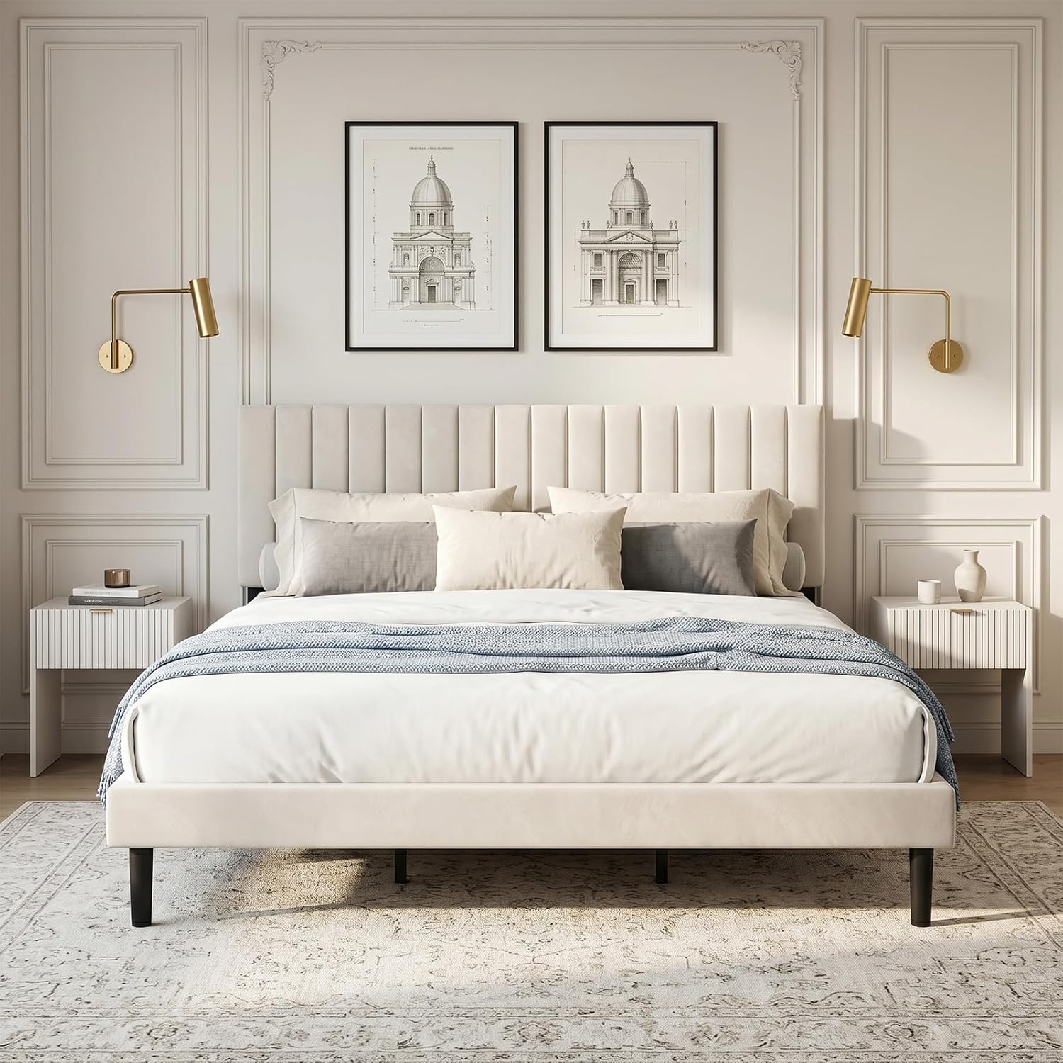 King Size Bed Frame with Headboard, Fully Upholstered Mattress Foundation Bedframe, Wooden Slats Support, No Box Spring Needed, Easy Assembly, Beige