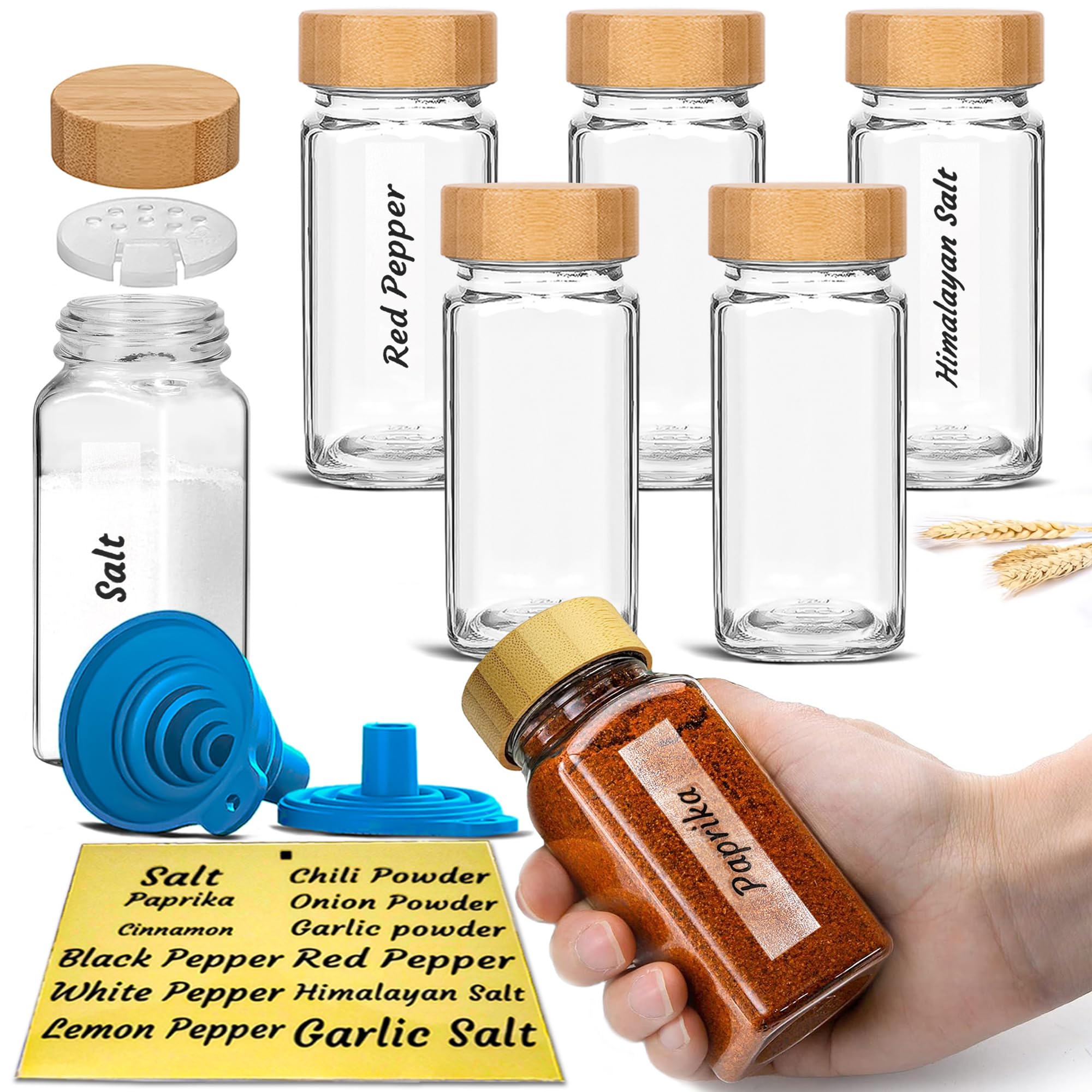 Glass Spice Jars with Bamboo Airtight Lids - (6 Pack) - 4 oz Square Spice Bottles with Shaker Lids - Clear Empty Shaker Seasoning Jars with Preprinted
