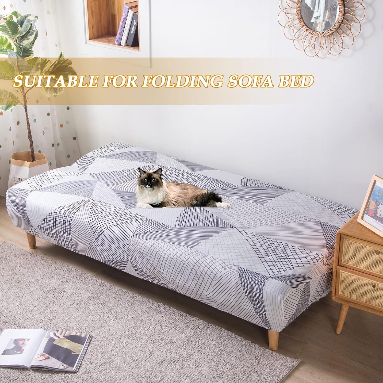 LiveGo Armless Futon Slipcovers Stretch Folding Sofa Bed Cover with Elastic Bottom, Printed Fitted Couch Cover Furniture Protector for Pets, Kids