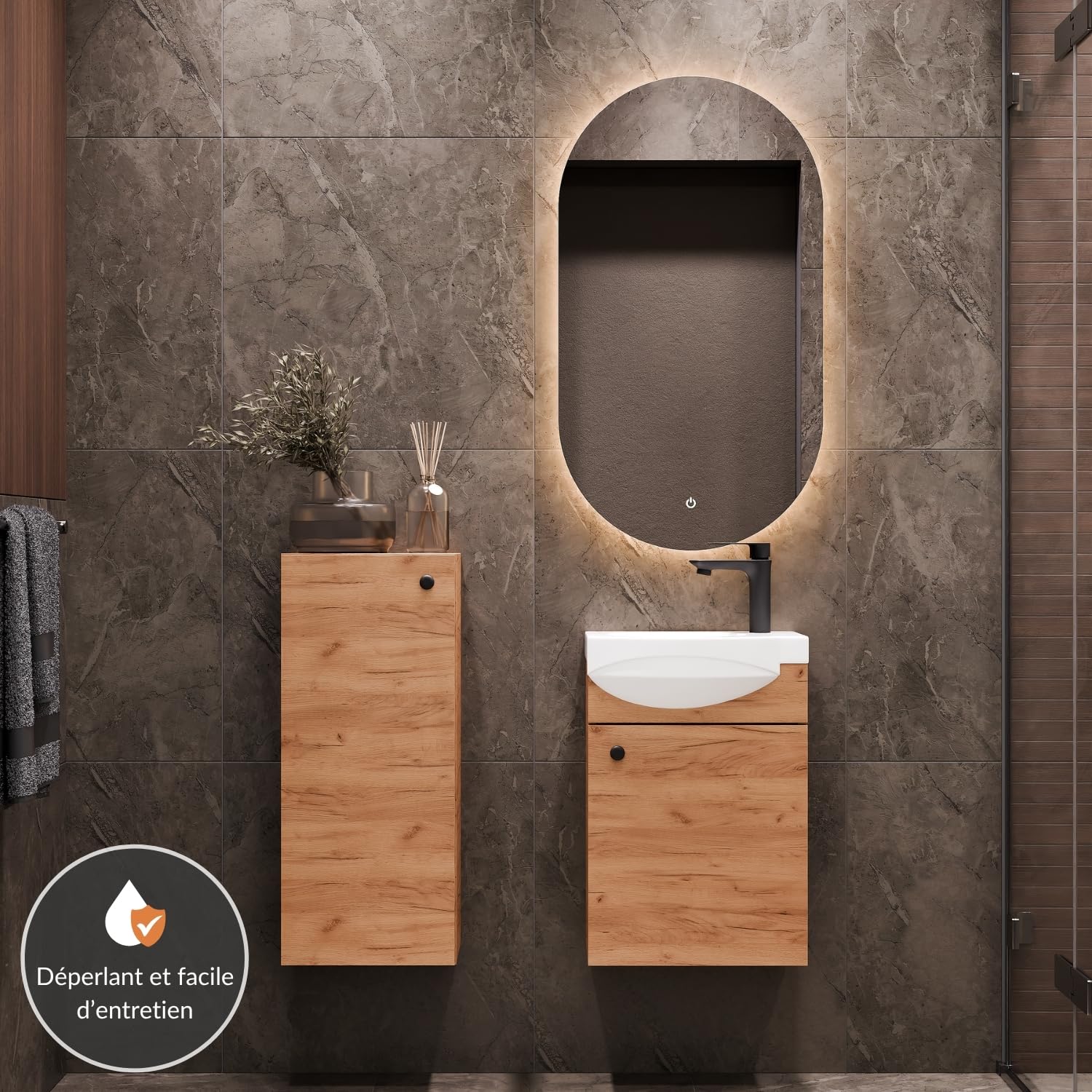 Planetmöbel Ensemble de Meubles de Salle de Bains Lavabo avec Meuble Bas 40 x 60 x 29 cm, Miroir avec éclairage 50 x 90 cm & Armoire Centrale pour Salle de Bains & WC invités, chêne doré