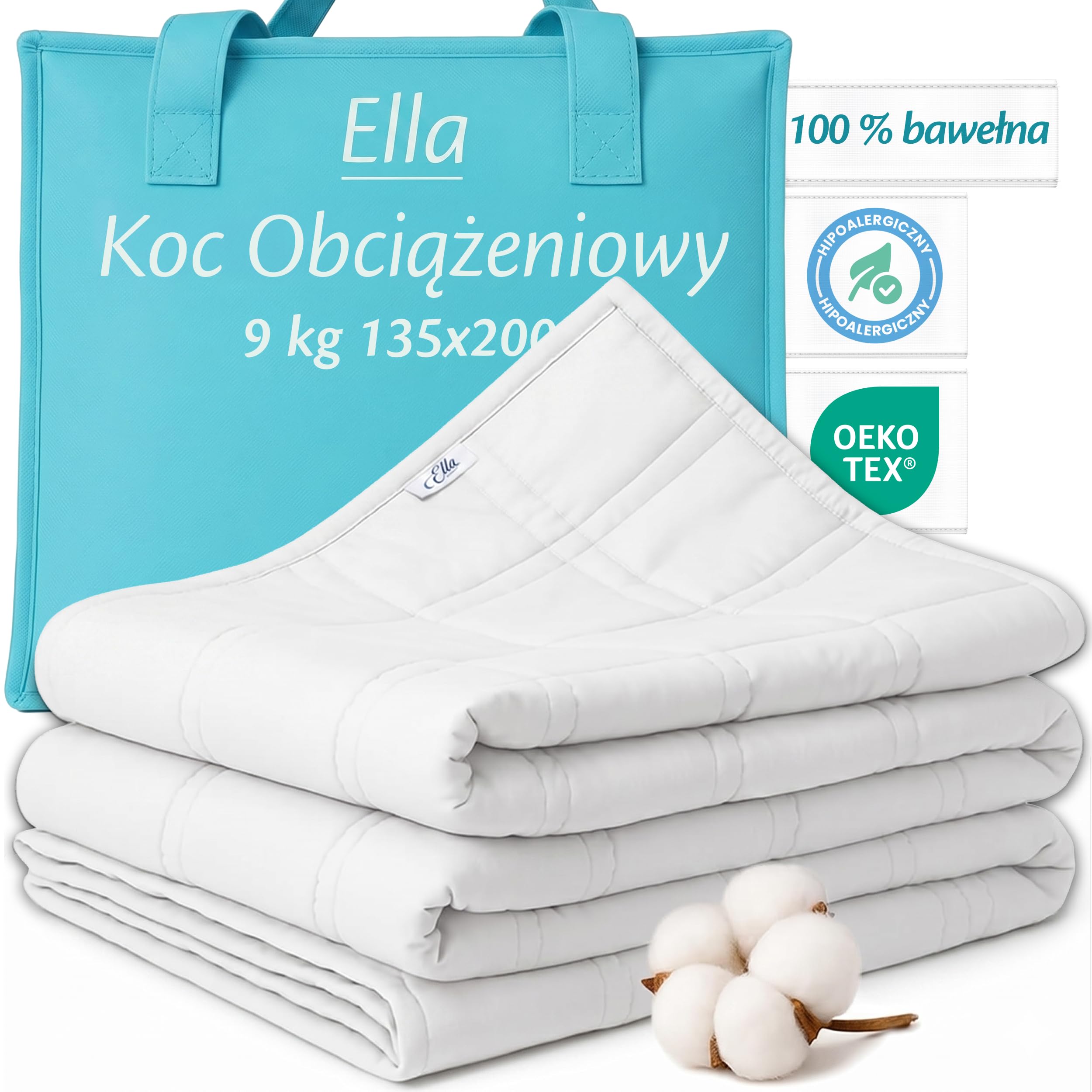 Ella Kołdra Obciążeniowa dla Dorosłych 9kg 150x200 cm - Relaksujący i Uspokajający Koc Sensoryczny - 7 powłok, Hipoalergiczne Wypełnienie, Bawełniana Powłoka - Dla Dorosłego o Wadze 85-110kg