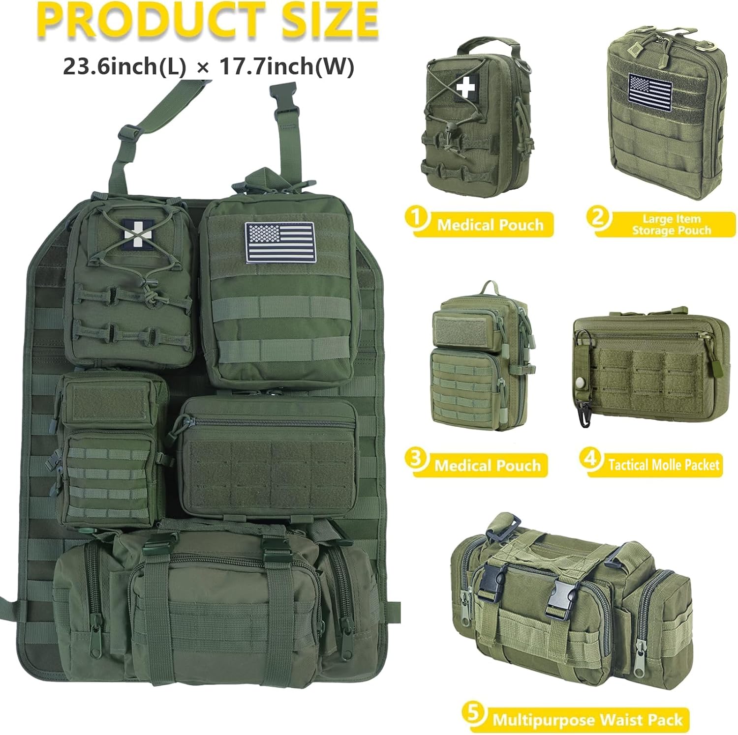 Universal Tactical Car Seat Back Organizer Bag Tactical Molle Vehicle Organizers Panel Vehicle Protector Organizers with 5 Detachable Pouches for Car Truck Ford Jeep (Model B-Army green)