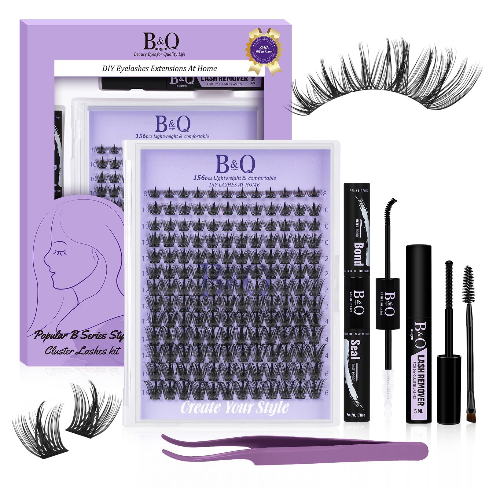 B&Q Natural Cluster Lashes Kit 156PCS, Everyday Eyelash Clusters D Curl Lash Clusteres Kit 8-16mm Barely-There Comfort Lash Extension Set Wispy Lash Clusteres Beginner-Friendly (B31 Set)