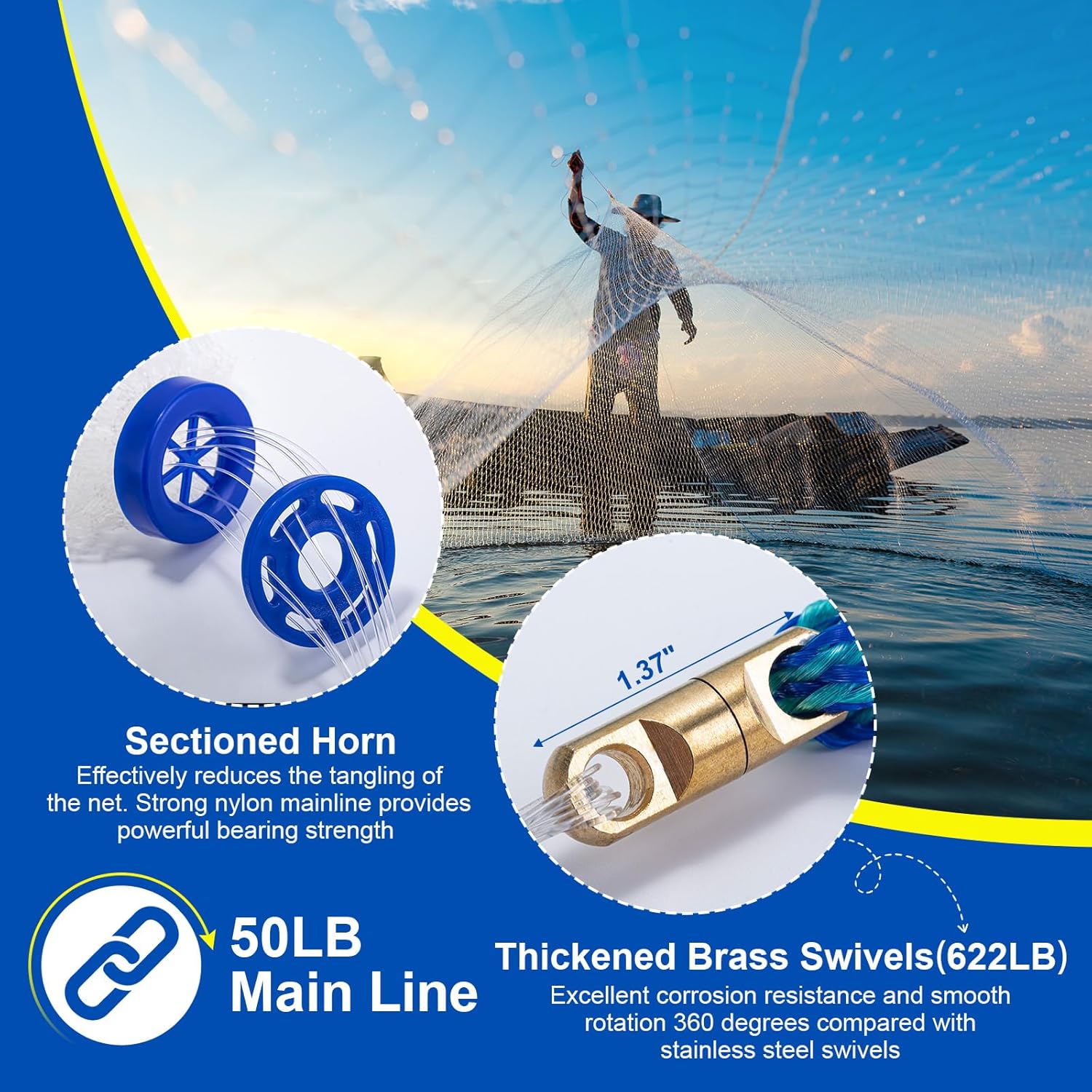 Goture American Fishing Cast Net Saltwater Freshwater, 3/8in Mesh Size Casting Net for Bait Fish Shrimp Trap, Dual Color Double Selvage Add Tape, Throw Cast Nets with Needle