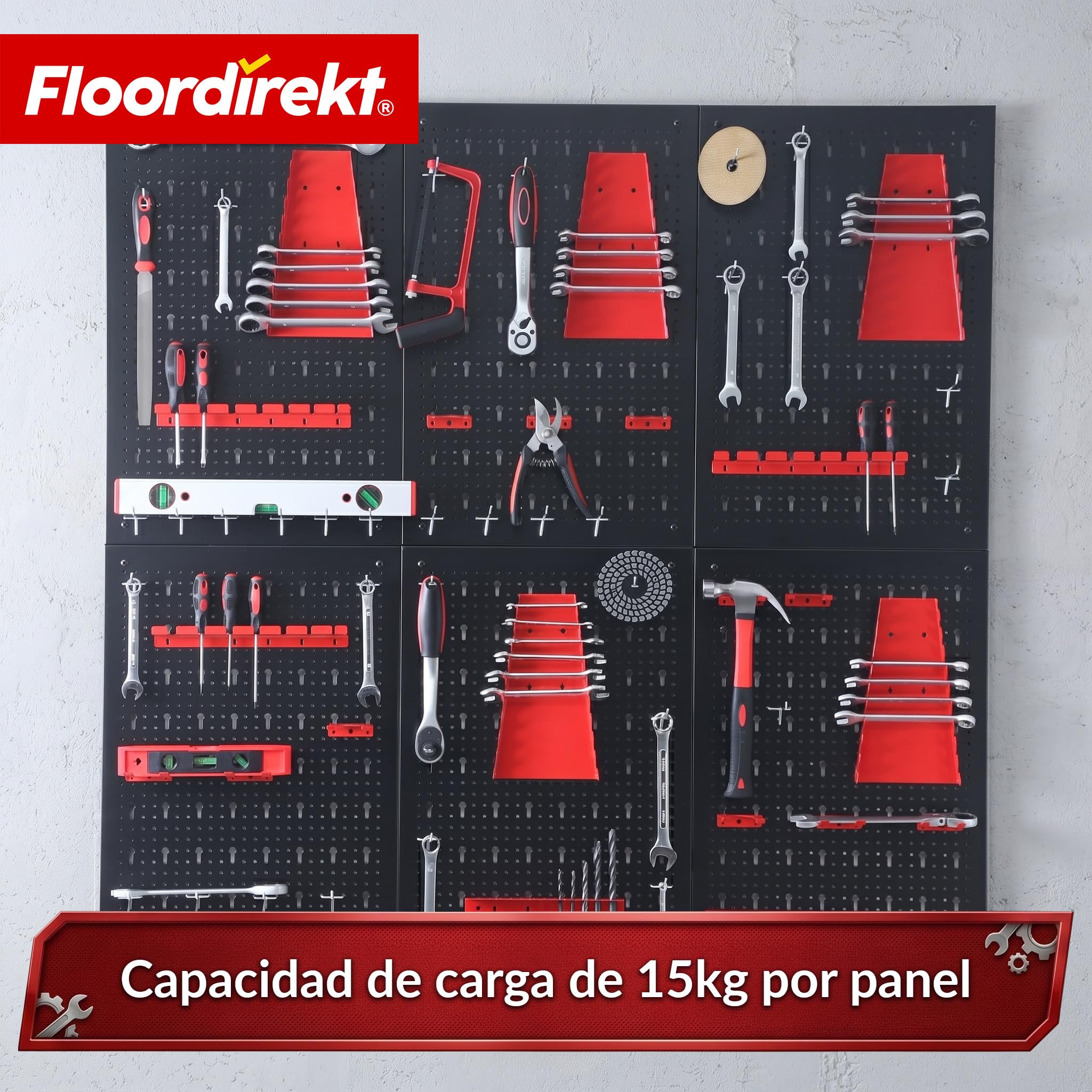 Floordirekt Juego de 6 placas perforadas para herramientas, metal, 240 x 60 cm, para banco de trabajo, garaje, taller