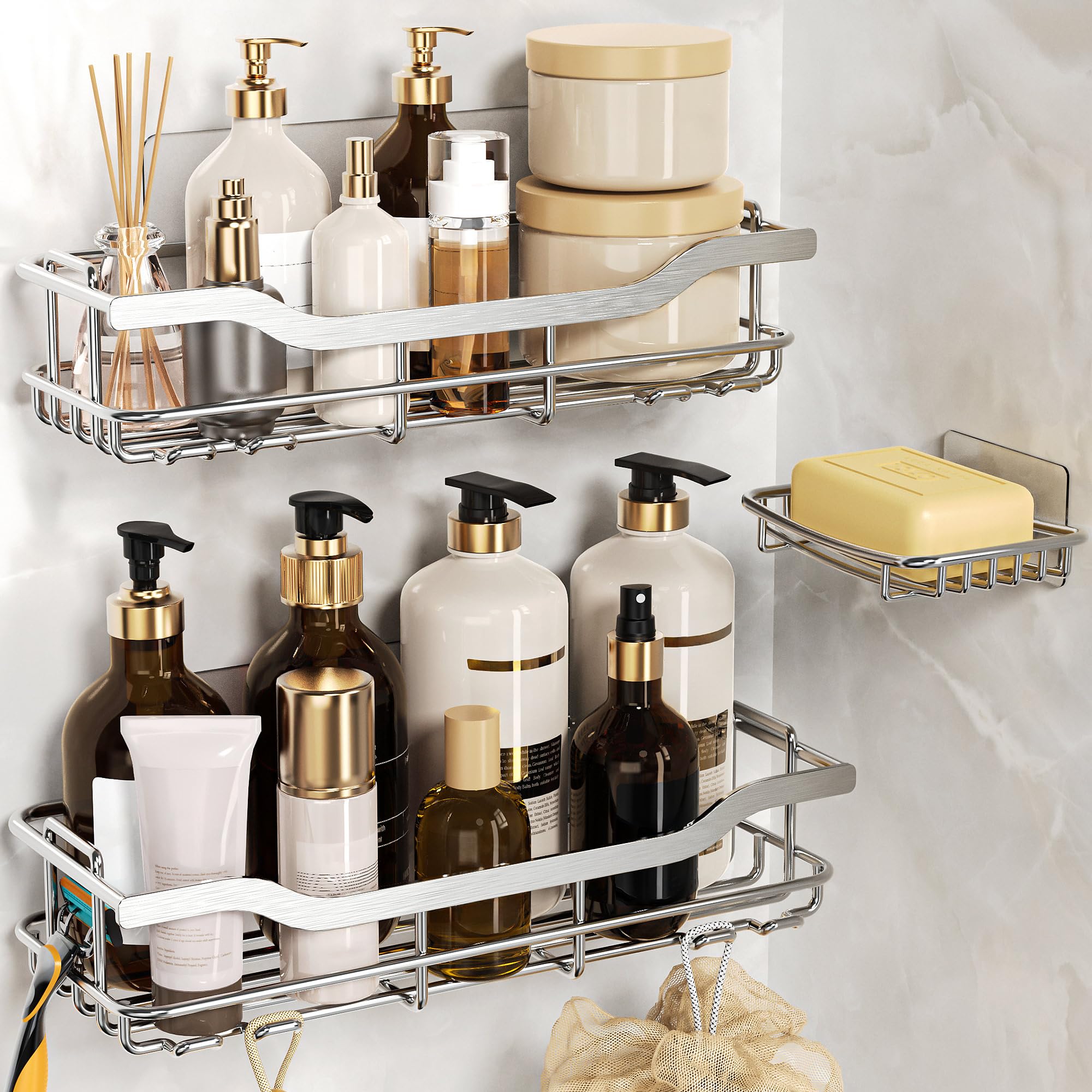 OMAIRA 3-Pack Shower Caddy with Soap Holder Adhesive Rustproof No-drill Strudy Loading Inside Shower Organizer Shelves Rack Storage