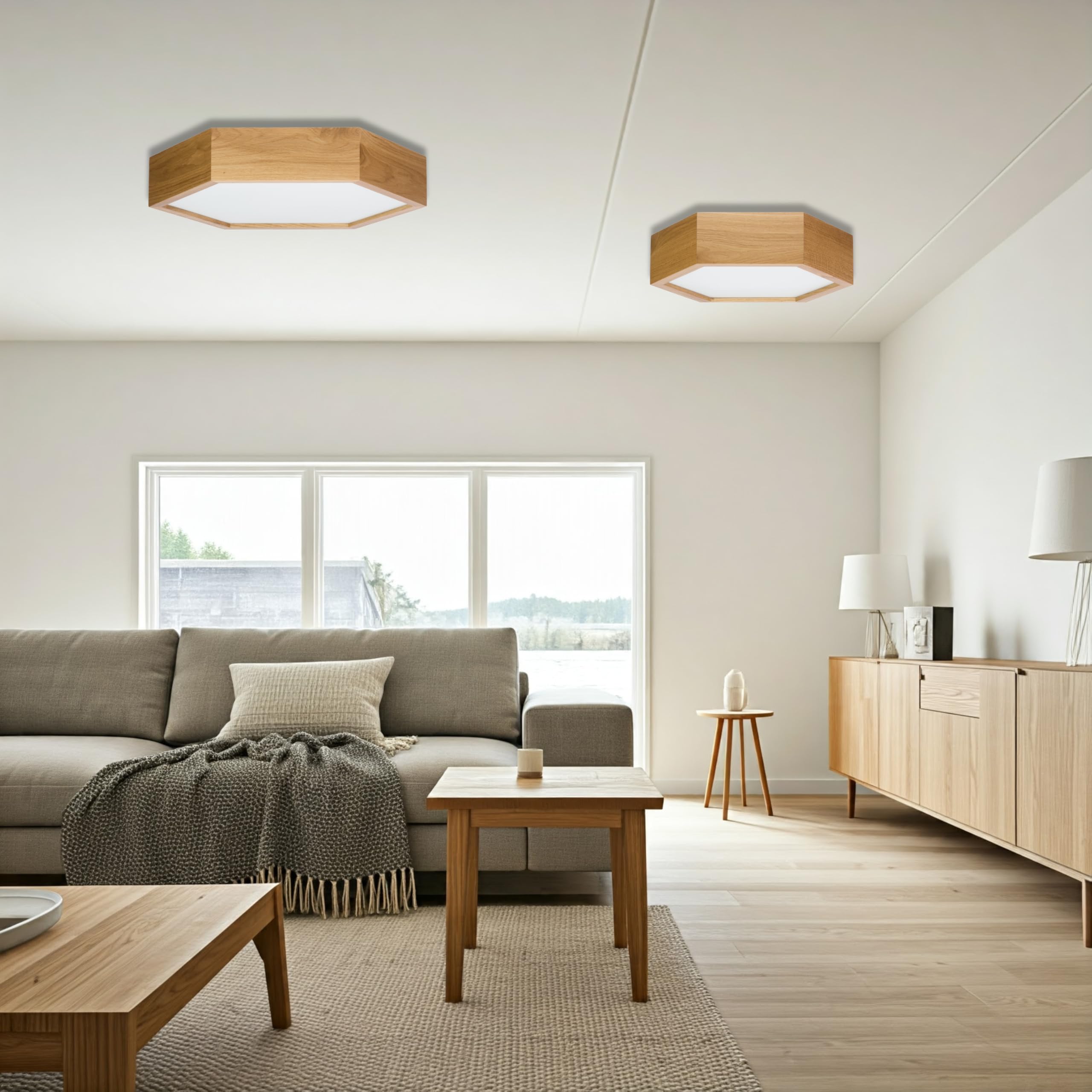 Deckenlampe - Sechseck Holz Deckenleuchte Eiche 2xE27 (∅37 cm) - Modern Beige Lampe für Schlafzimmer, Wohnzimmer, Flur, Küche - Stilvolle Eichenholz LEJA