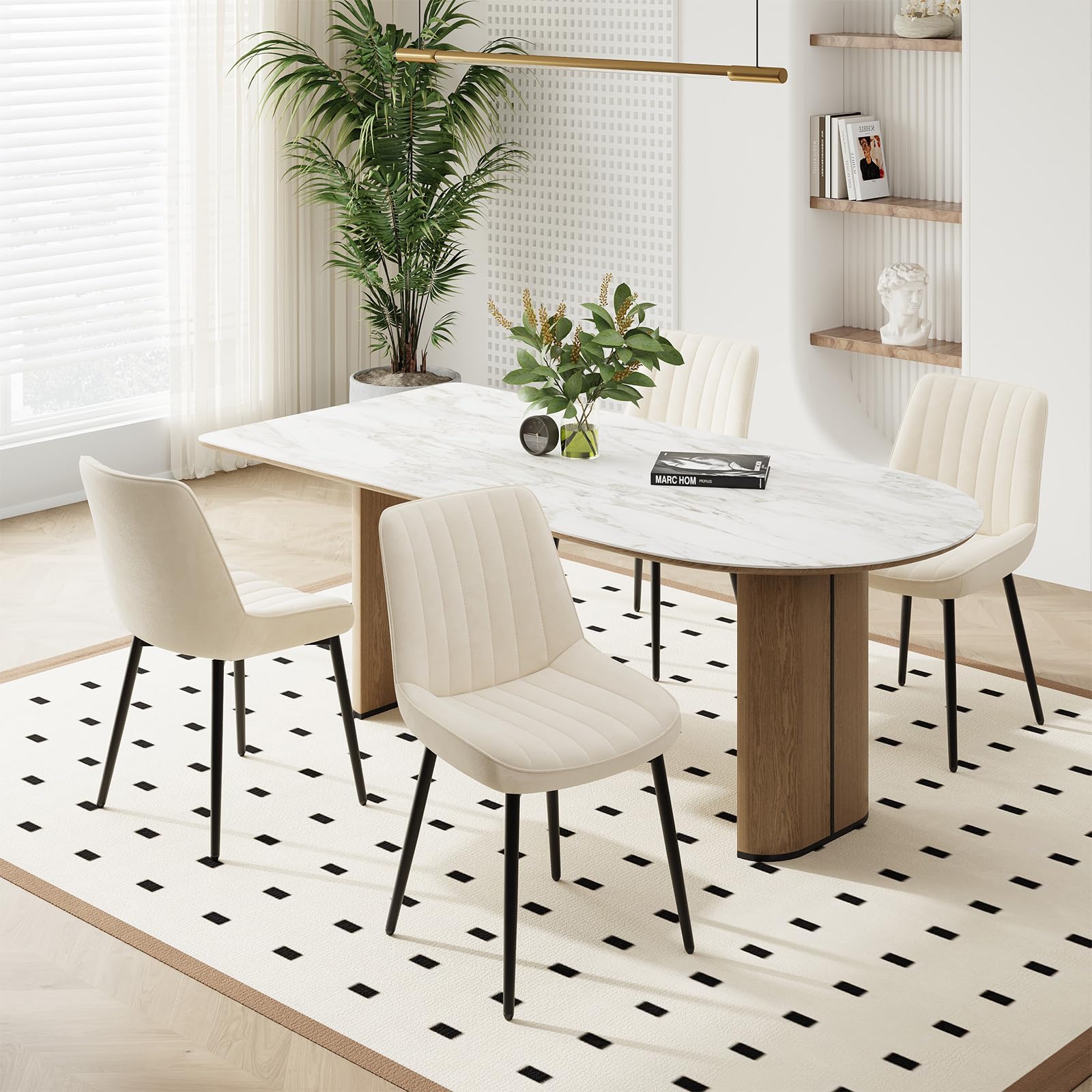 COLAMY Velvet Dining Chairs Set of 4, Velvet Chairs for Dining Room with Metal Legs and Thick Seat Cushion, Upholstered Kitchen Chair with Anti-Slip Pads, Beige