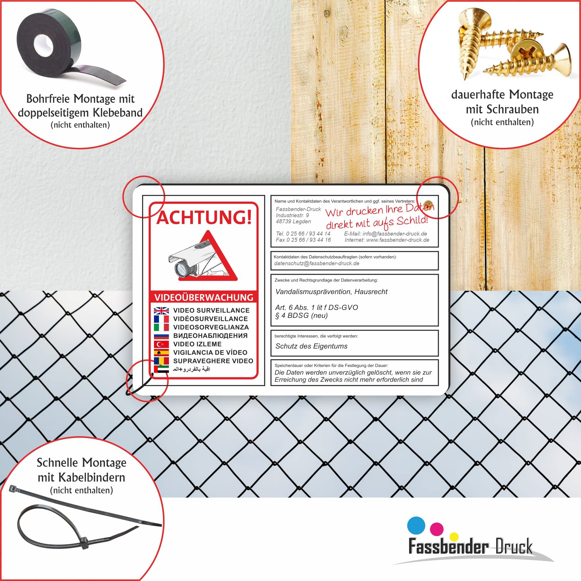 VIDEOÜBERWACHT DSGVO (BDSG) konform personalisiertes Schild zum Markieren eines videoüberwachten Bereiches - Videoüberwachungsschild mit Wunschtext (75x50cm SCHILD)