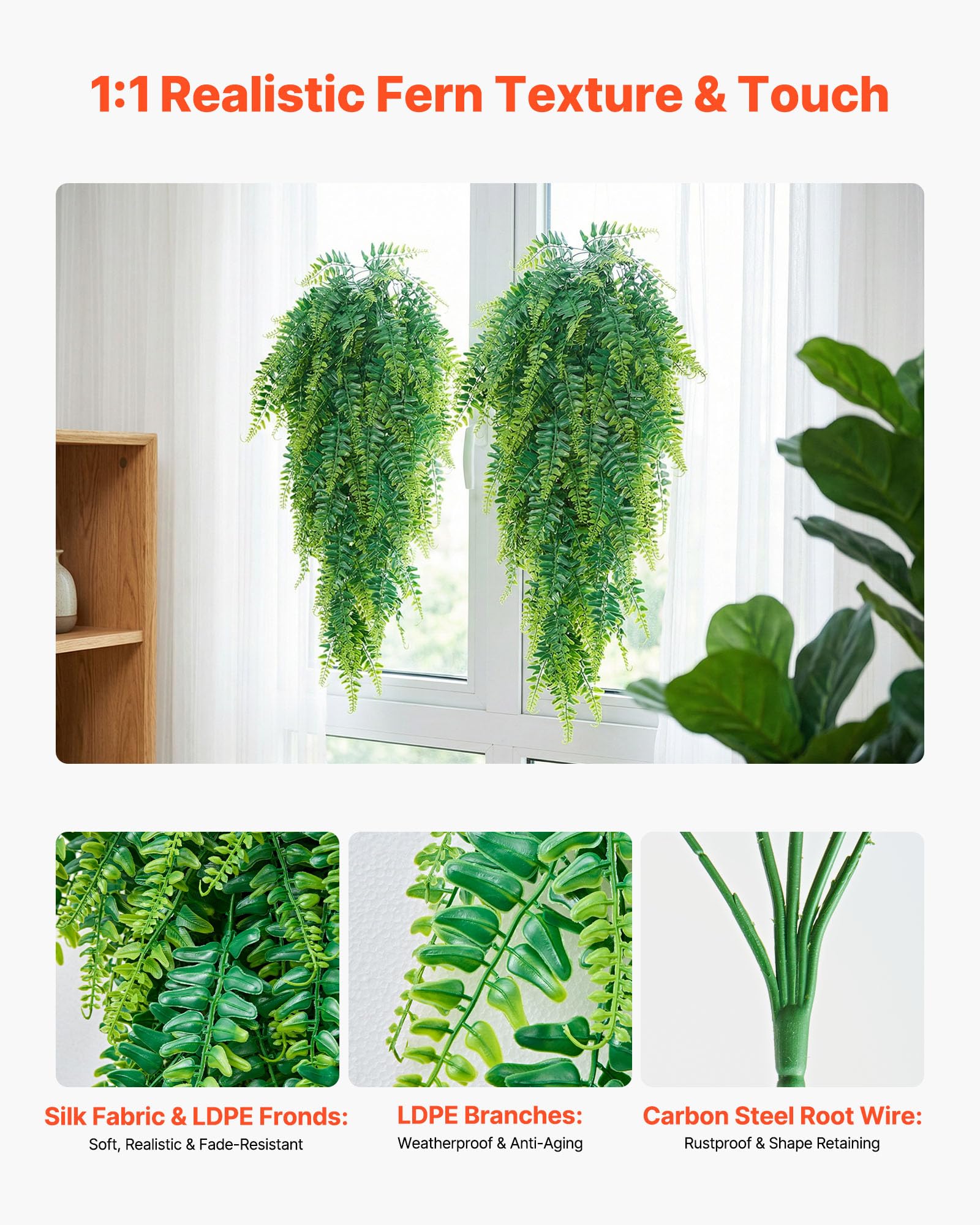 VEVOR Helechos Artificiales Paquete de 12, Helechos de Boston Artificiales Colgantes Longitud de 813 mm, Hojas de Seda y LDPE sin Maceta para Interior y Exterior Porche Balcón Hogar Decoración Jardín