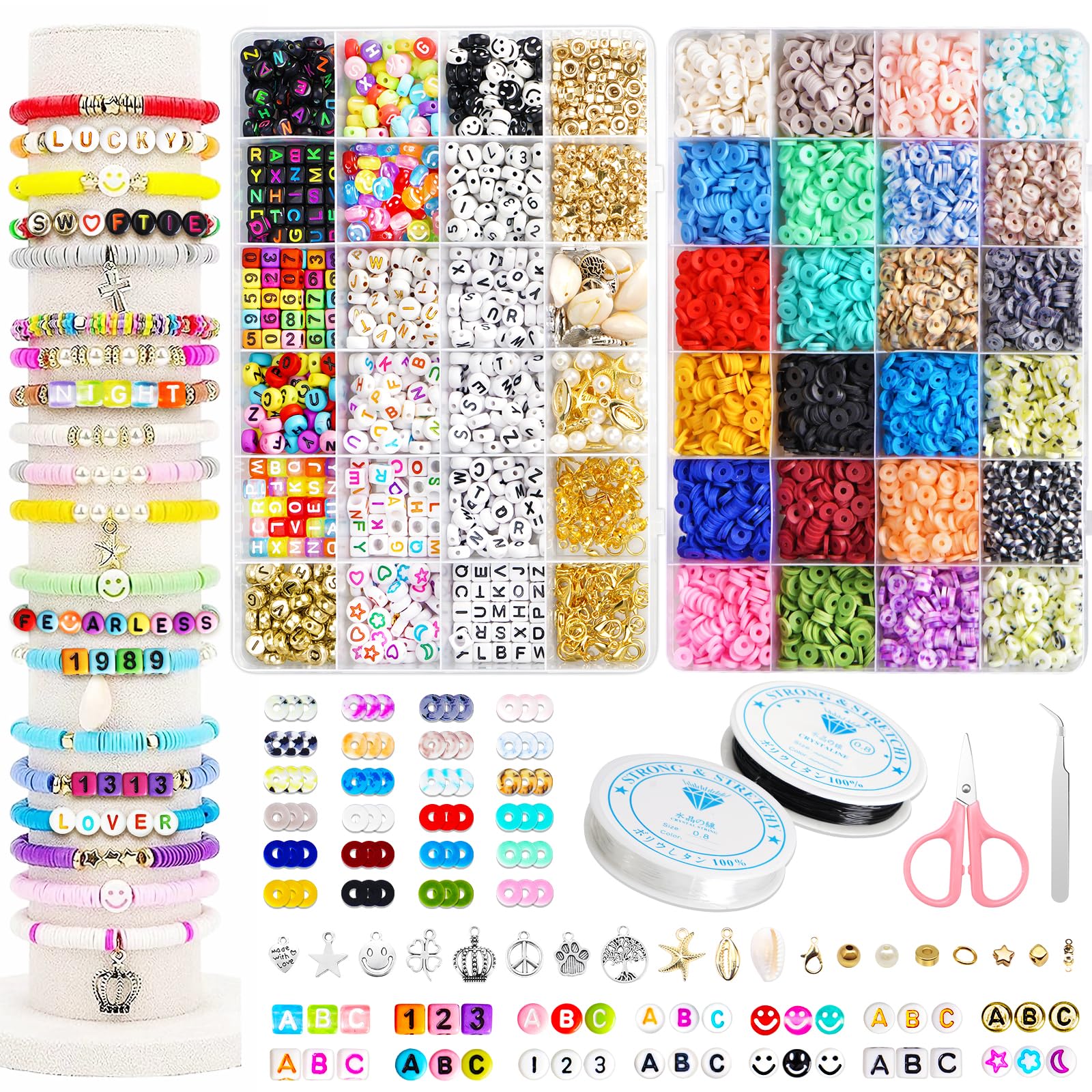 Goody King Clay Beads Bracelet Making Kit, 6000Pcs+ Friendship Bracelet Beads 24 Colors 2 Boxes Jewellery Making Kit Set Letter Alphabet DIY Birthday Valentine's Day Gift for Her Kid Age 6 7 8 9