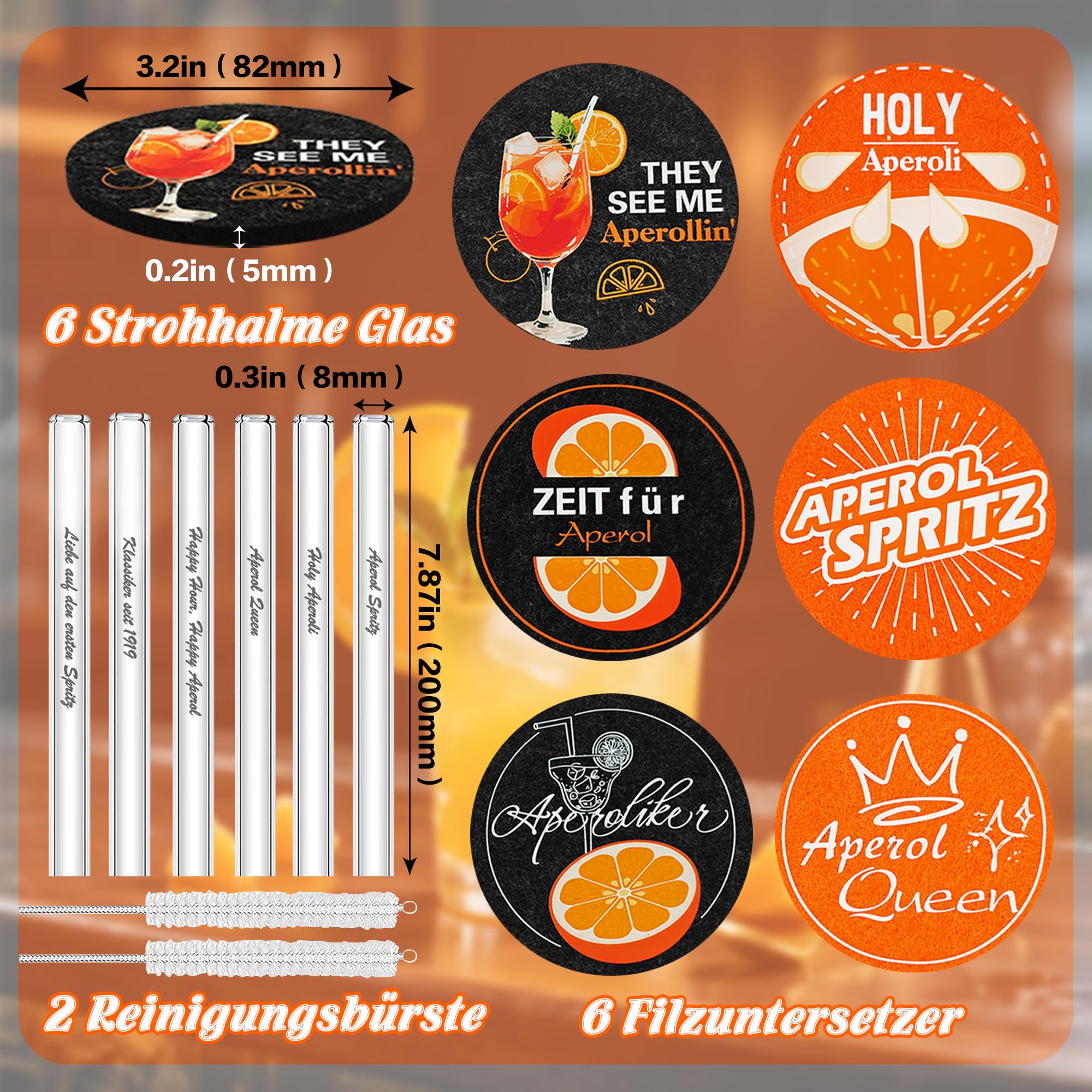 ZIENZENGYA Aperol Spritz Rietjes, set van 14 (6 vilten onderzetters van Aperol, 6 glazen rietjes van 20 cm, met 2 reinigingsborstels), Holy Aperoli Spritz cadeauset voor vriendin, man