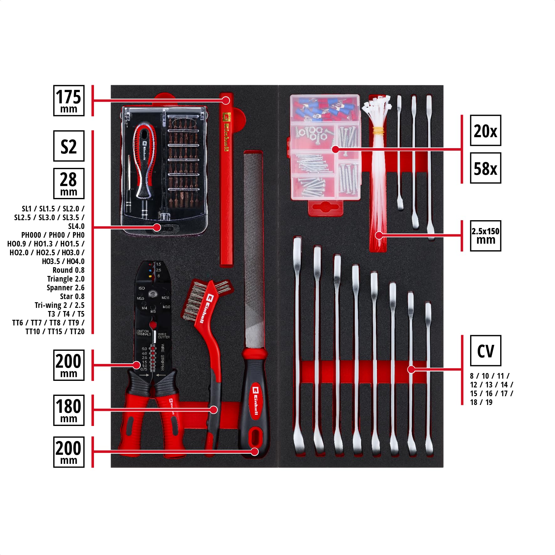 Einhell Kit d'outils pour servante d'atelier 6 pads – 287 pièces avec embouts de précision et spéciaux, pinces, vis, clé à douille, niveau à bulle, marteau et mètre ruban
