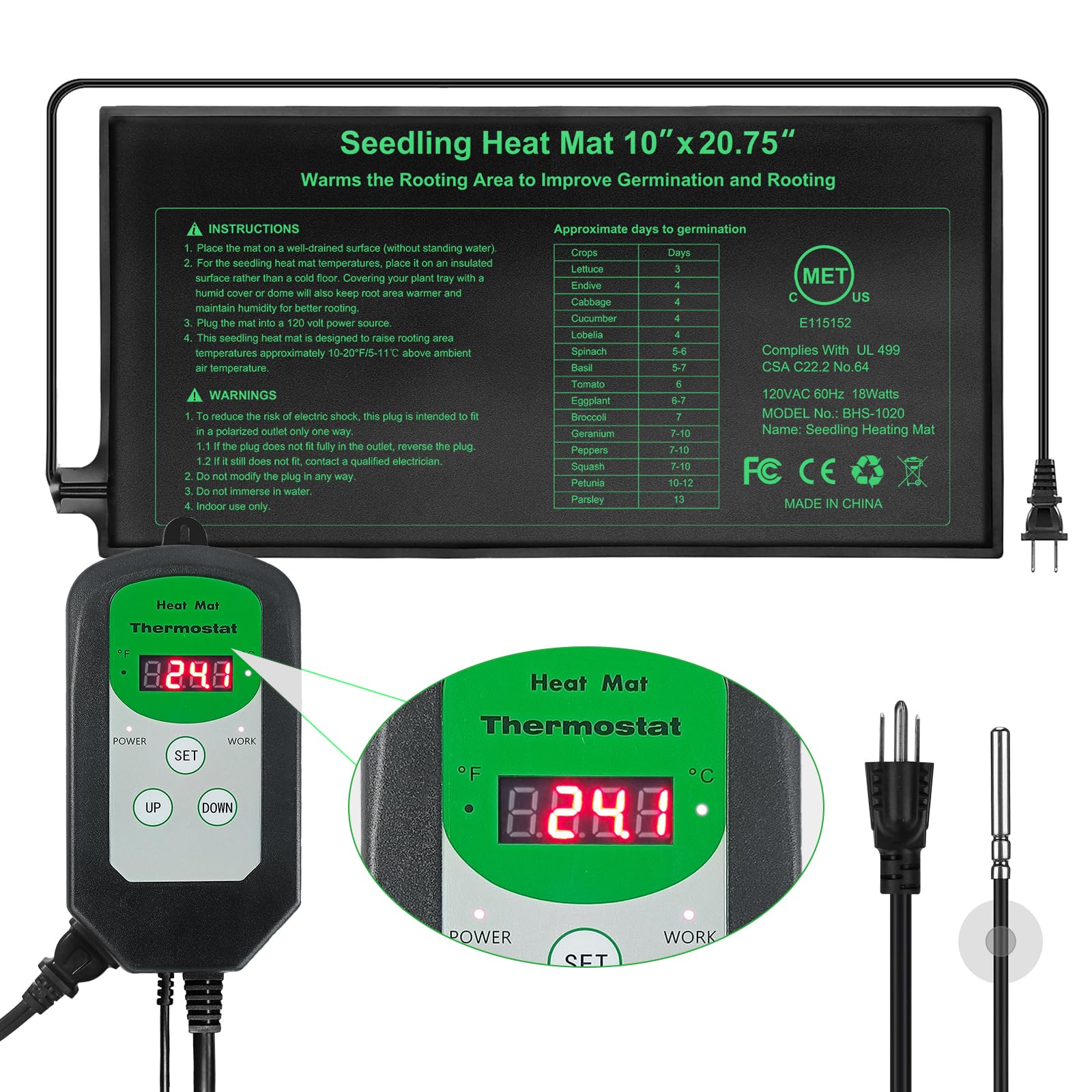 Sämling-Heizmatte und digitales Thermostat-Kombi-Set, MET-zertifizierte Pflanzen, Heizmatte, warme Hydrokultur, Keimung, Indoor-Gartenarbeit, Gewächshaus