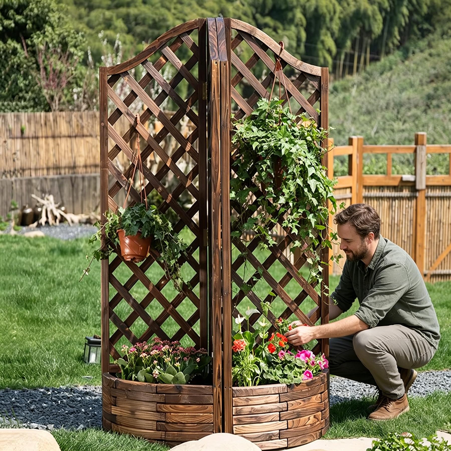 Fioriera con Traliccio 67x45x150cm, Aiuola Rialzata in Legno Carbonizzato, Porta fiori con Grigliato, Supporto per Piante Rampicanti, Porta Piante da Esterno per Giardino, Balcone