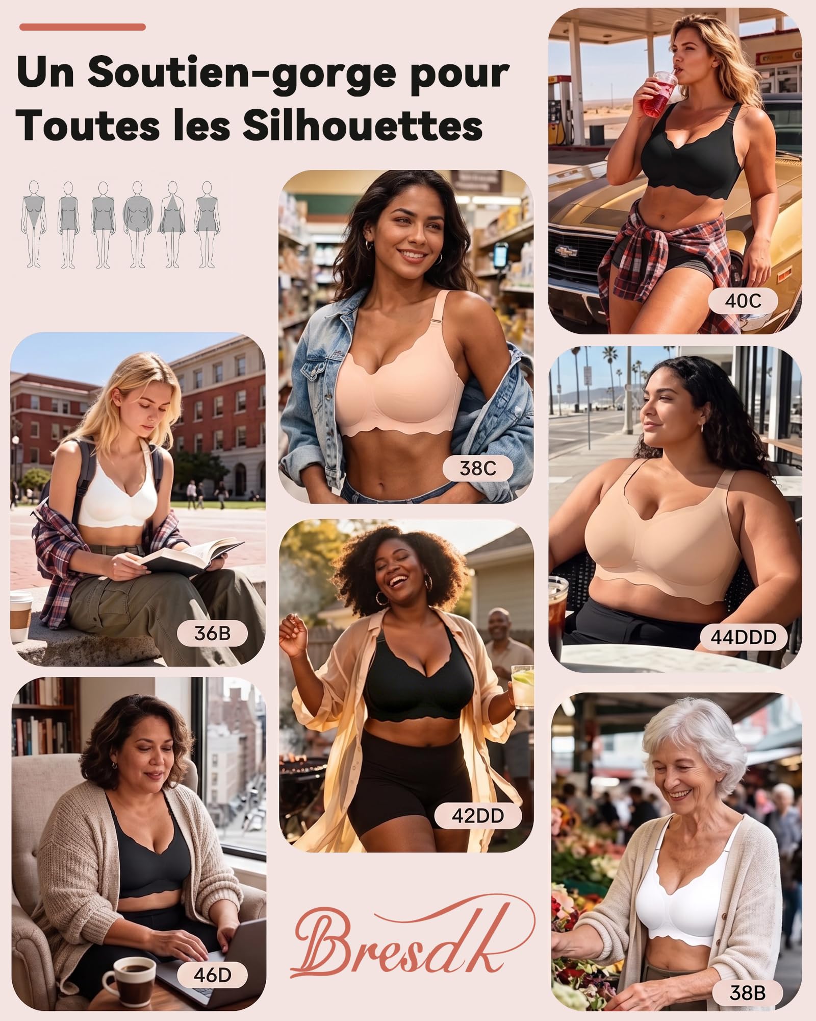 Bresdk Soutien Gorge Femme sans Armatures - Décolleté en V Plongeant, Push-up Bonnet Intégral Maintien Renforcé Rembourré