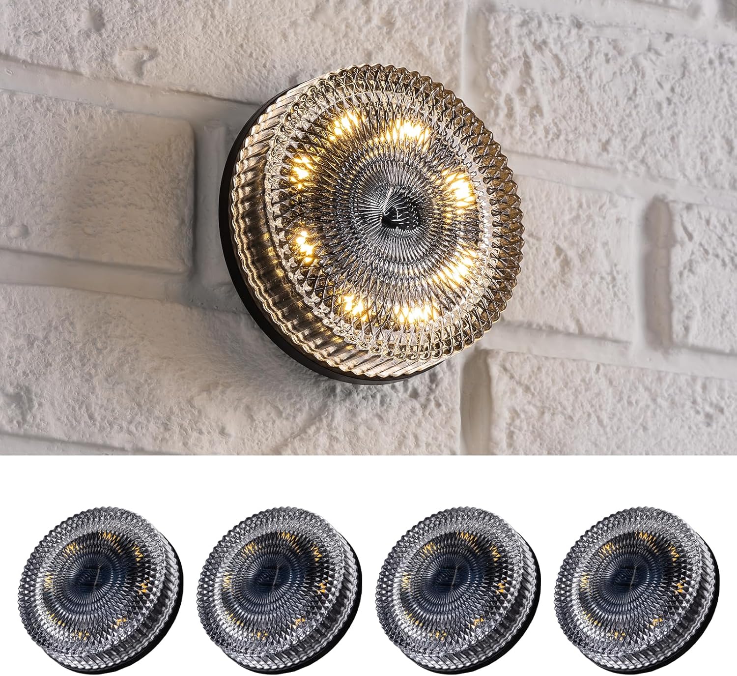 Glass Solar Deck Lights with Crystal Style, Modular-Design Waterproof Outdoor Fence Lights for Stairs Step Yard Patio Garden Wall Pathway, Decorative Patio Table Lighting, Warm White (8 Pack)