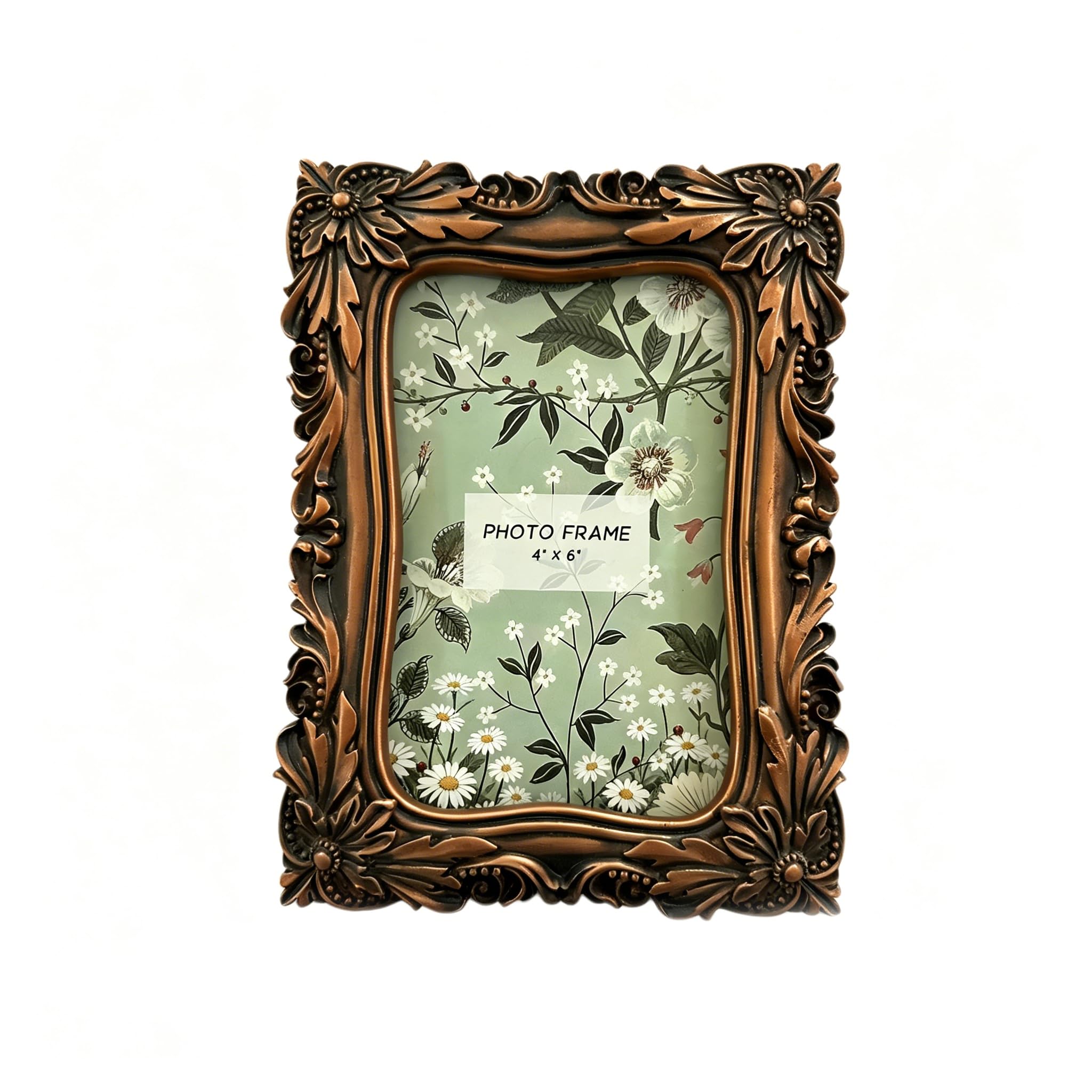 ZMG 4x6 Vintage Ornate Resin Photo Frame, Antique Copper Faux Bronze Baroque Picture Frame with Intricate Floral Carving, Decorative Wall Mount & Tabletop Display for Home Decor, Wedding, Housewarming